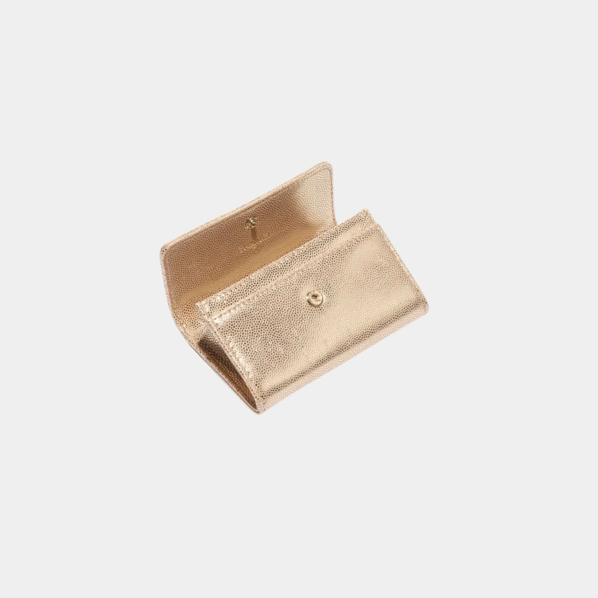 Flap Card Holder Metallic Grained Calfskin & Gold Metal