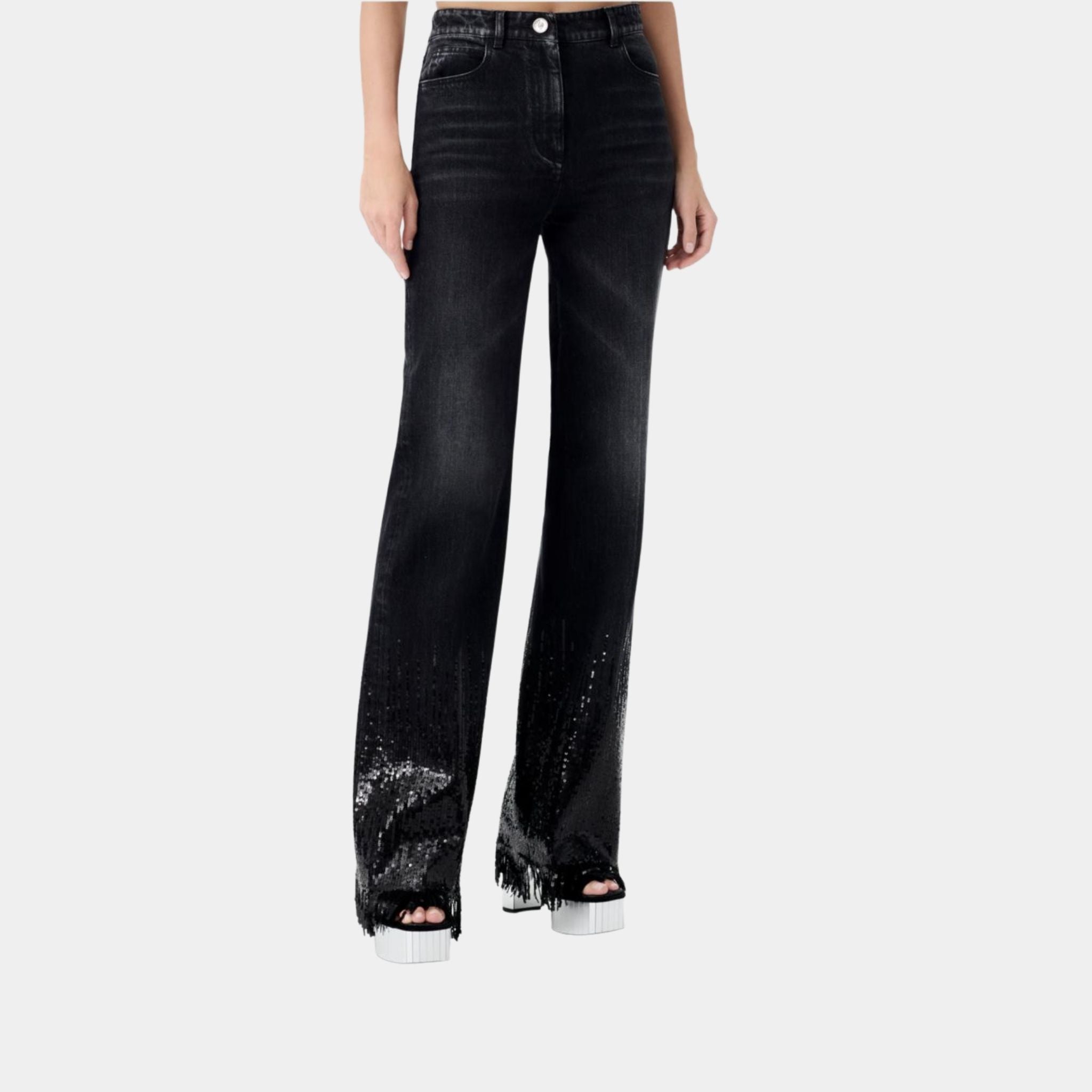 Flared Washed Black Denim Jeans Embroidered with Sequins