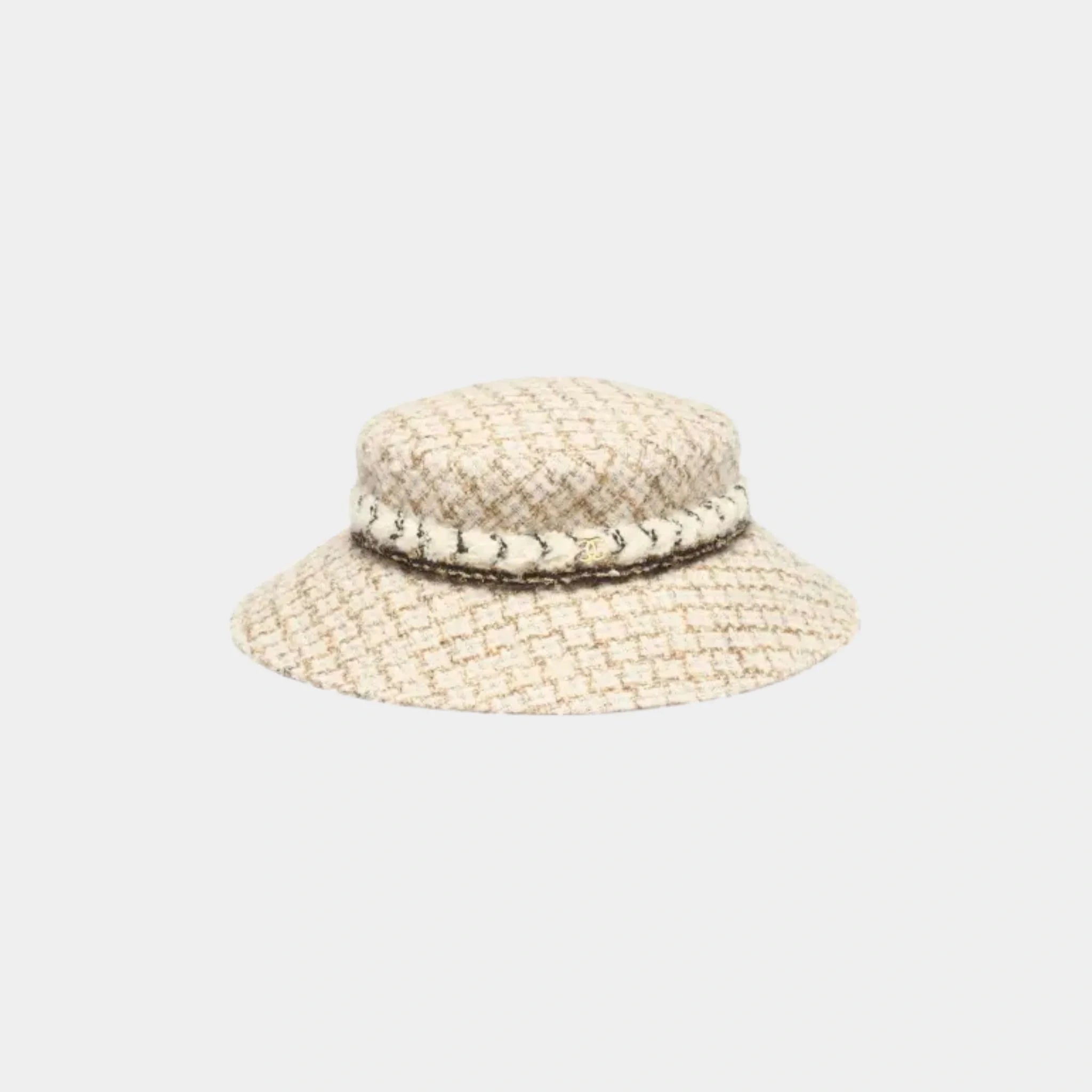 Chanel Hat Tweed, Wool Mohair-tweed Ecru Beige Gold ,front