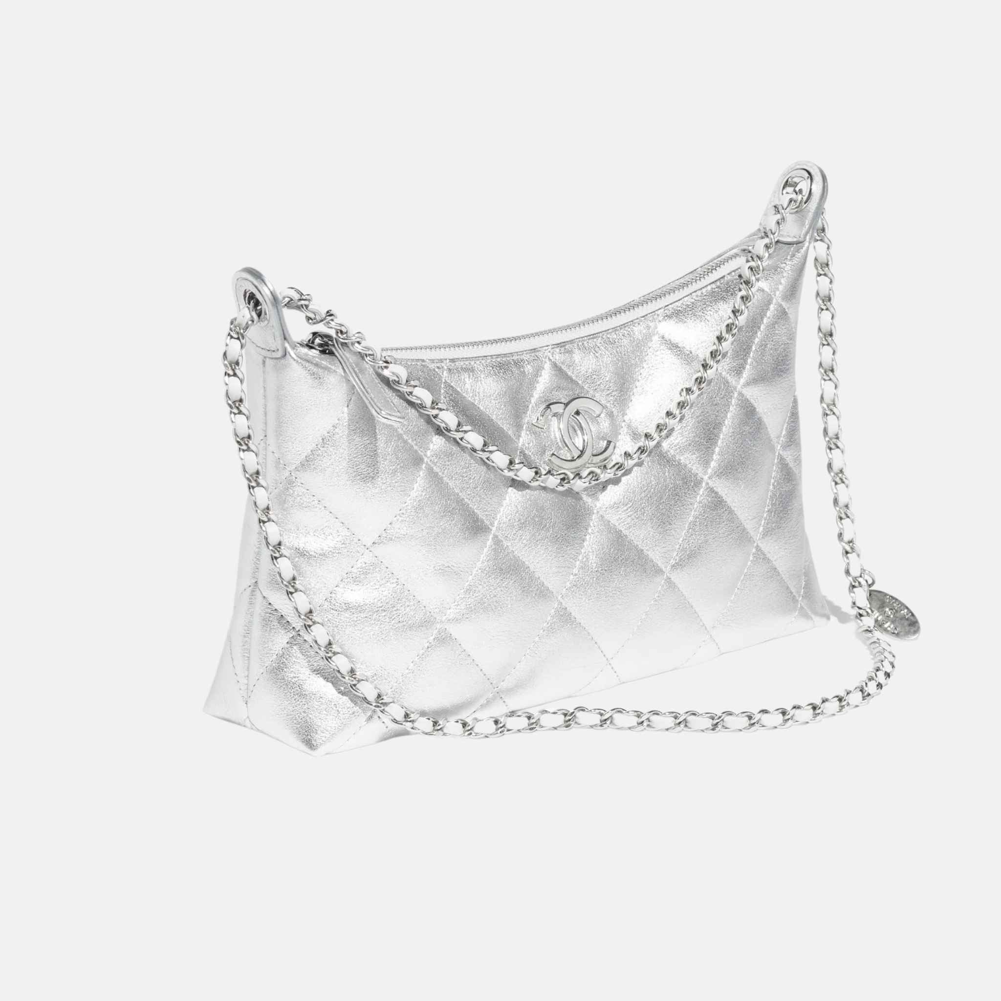 Chanel Hobo Handbag In Metallic Calfskin, Front