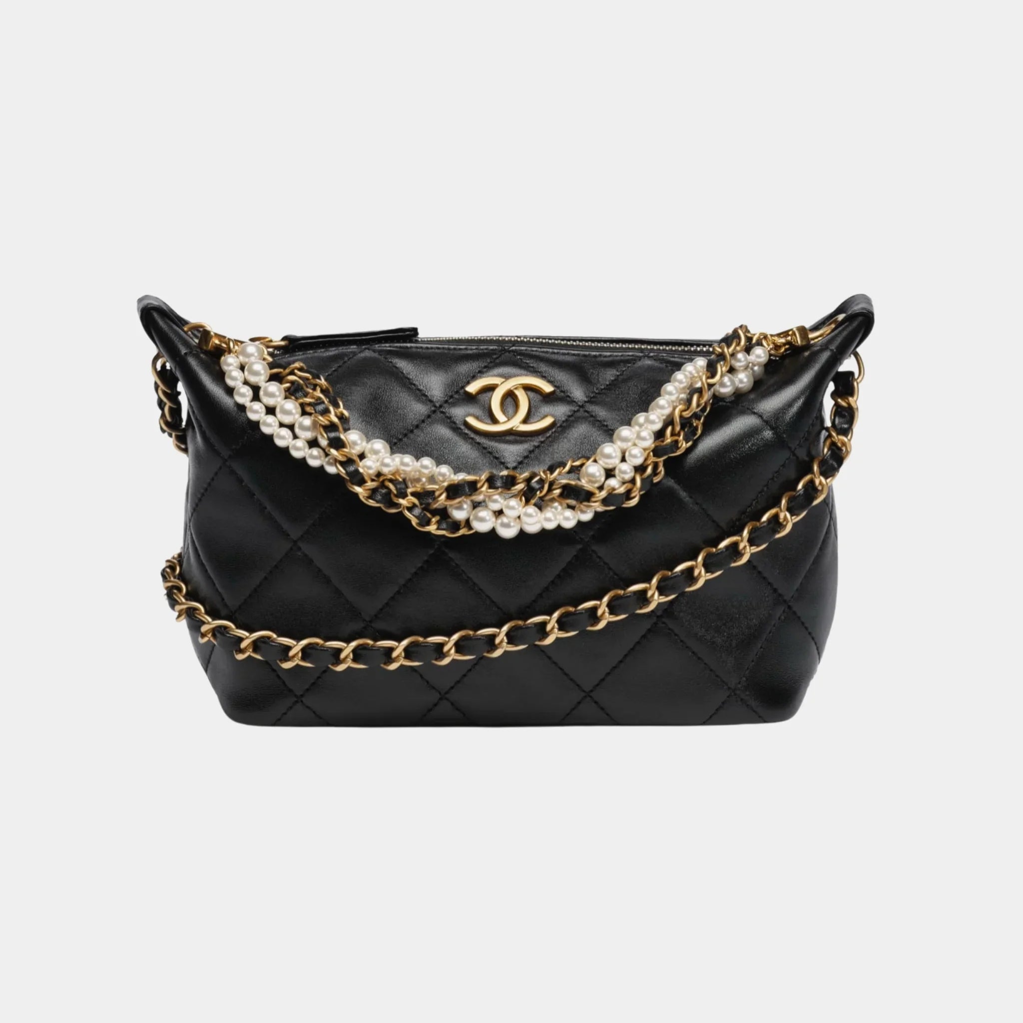 Hobo Handbag in Shiny Lambskin & Imitation Pearls