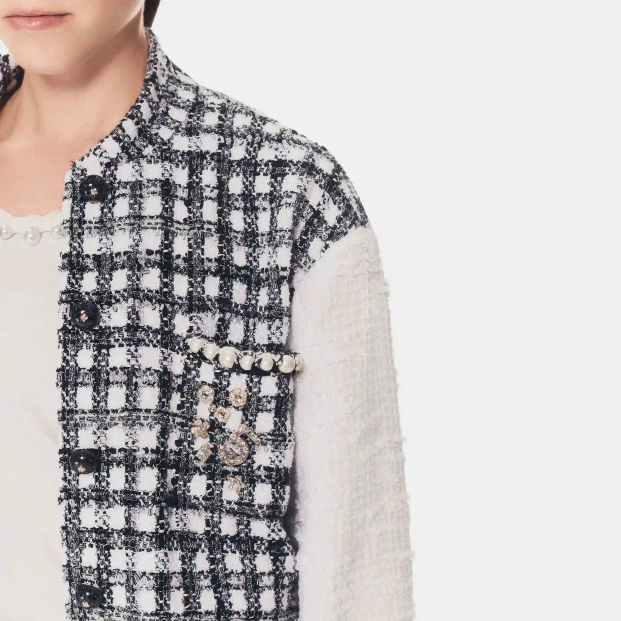 Jacket Cotton Tweed And Imitation Pearls White And Black