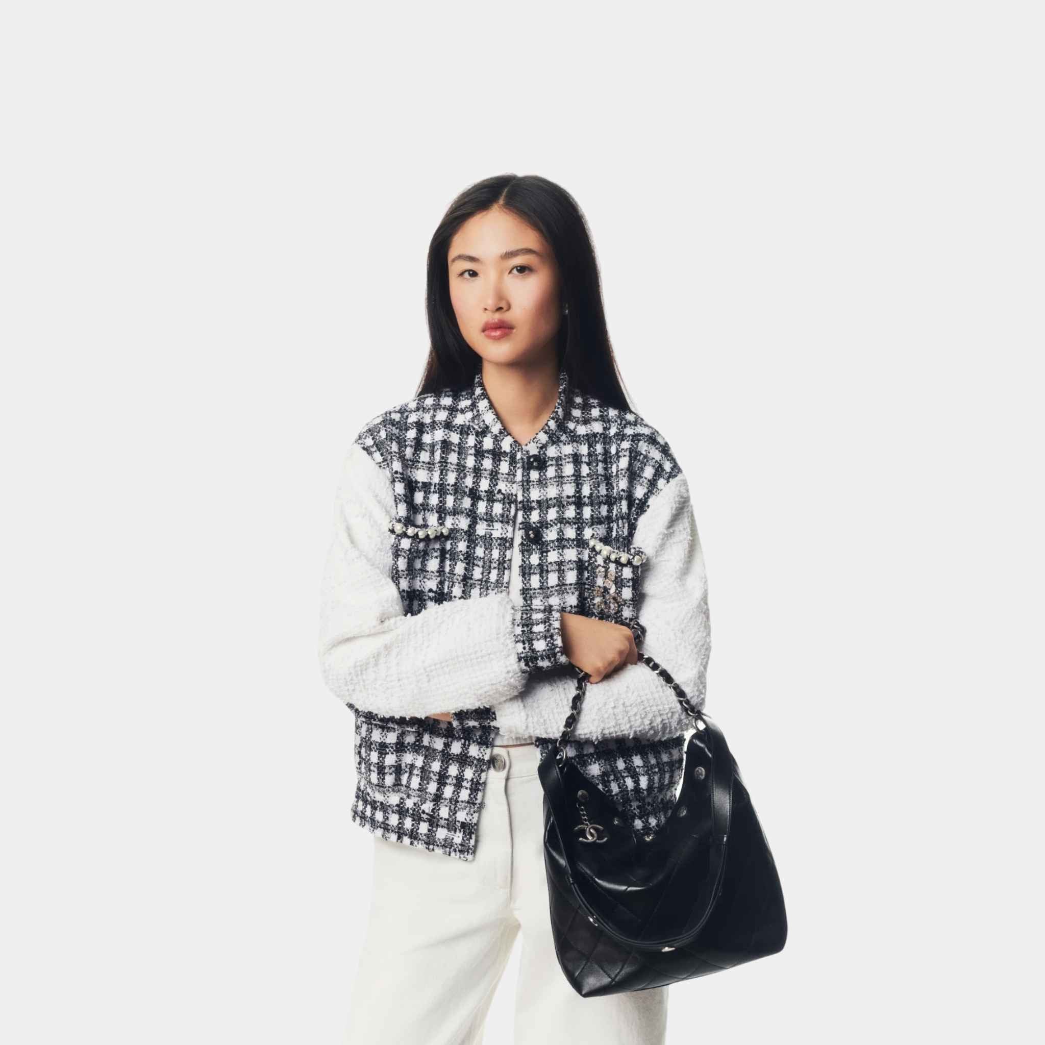 Jacket Cotton Tweed And Imitation Pearls White And Black