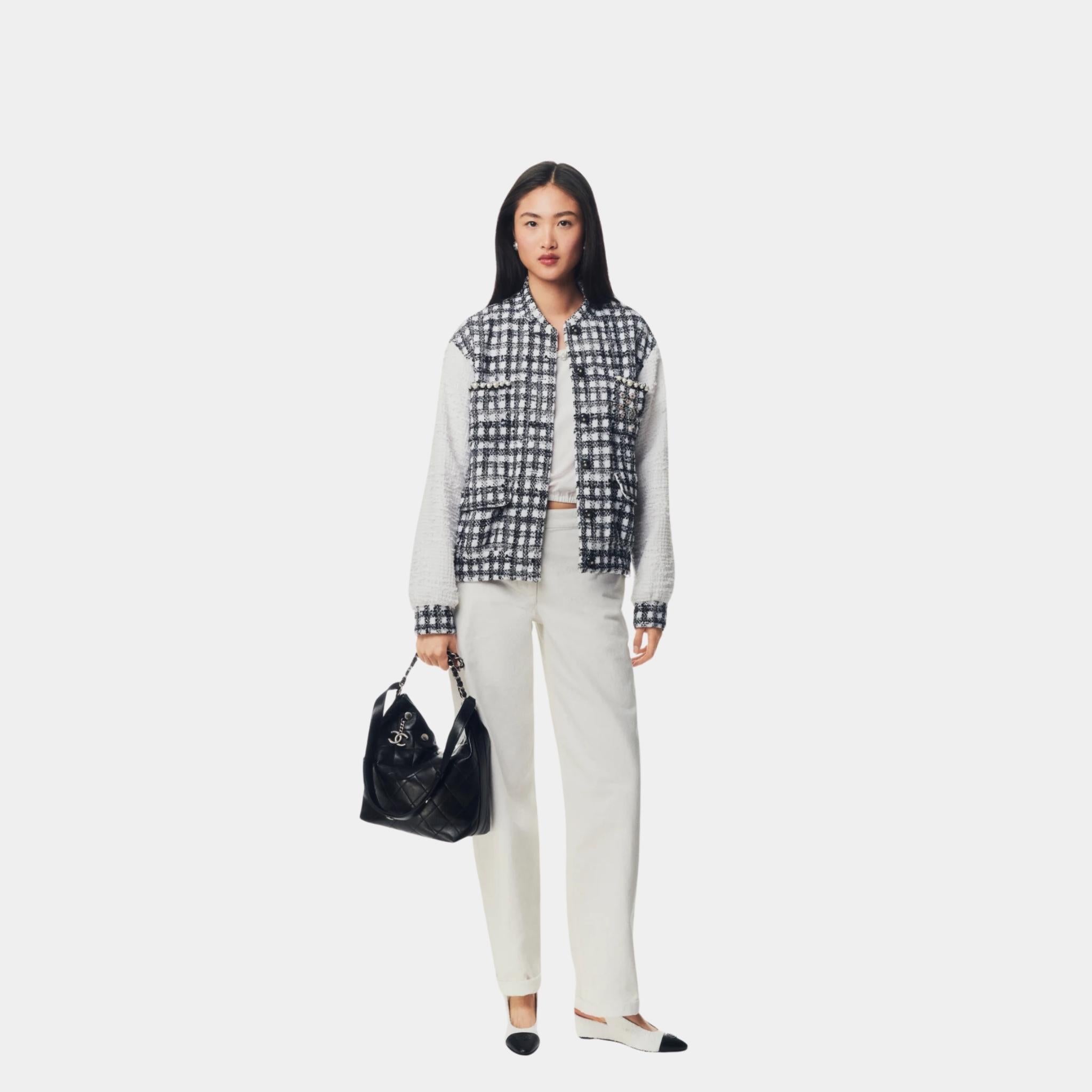 Jacket Cotton Tweed And Imitation Pearls White And Black