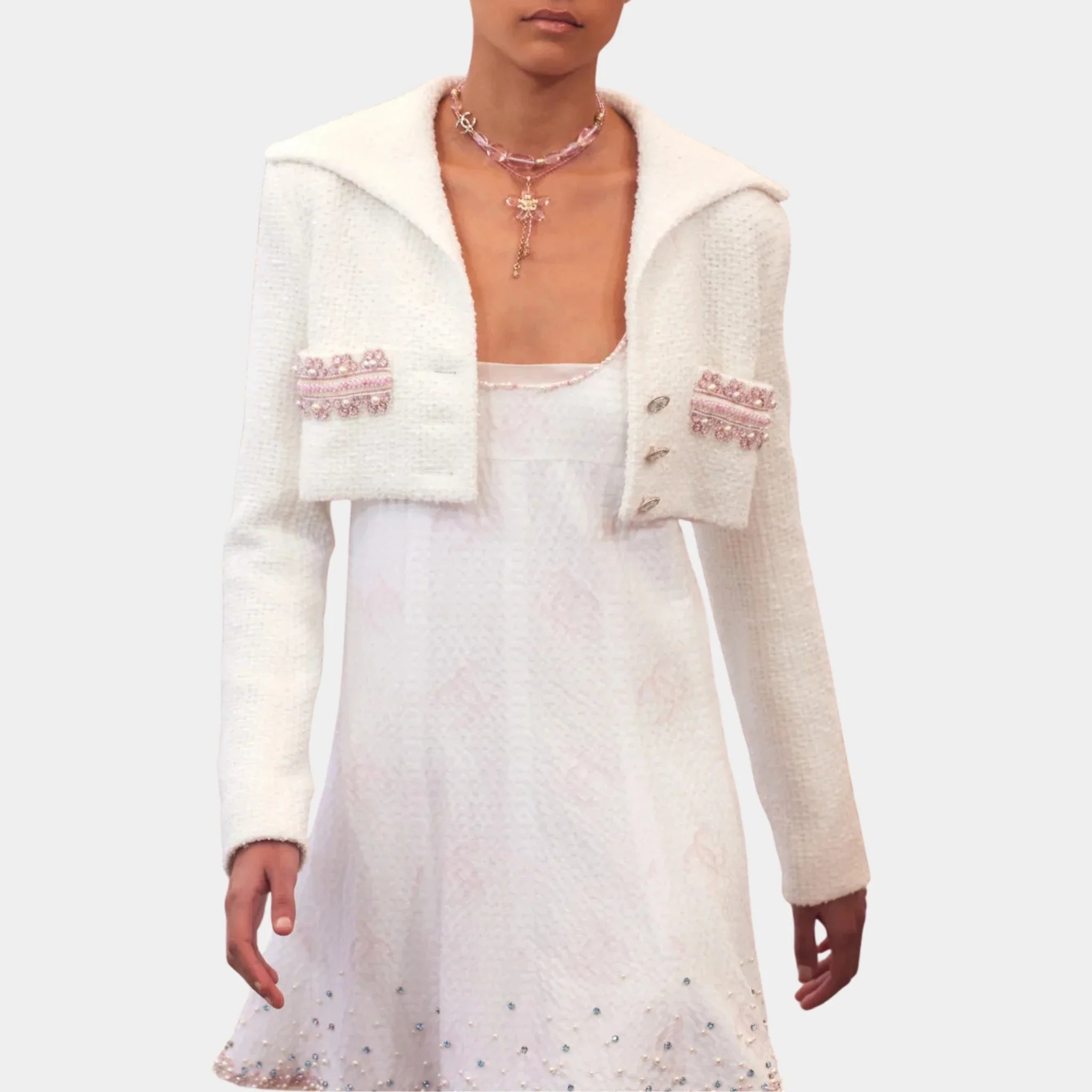 Chanel Jacket Embroidered Tweed in White & Pink, Front