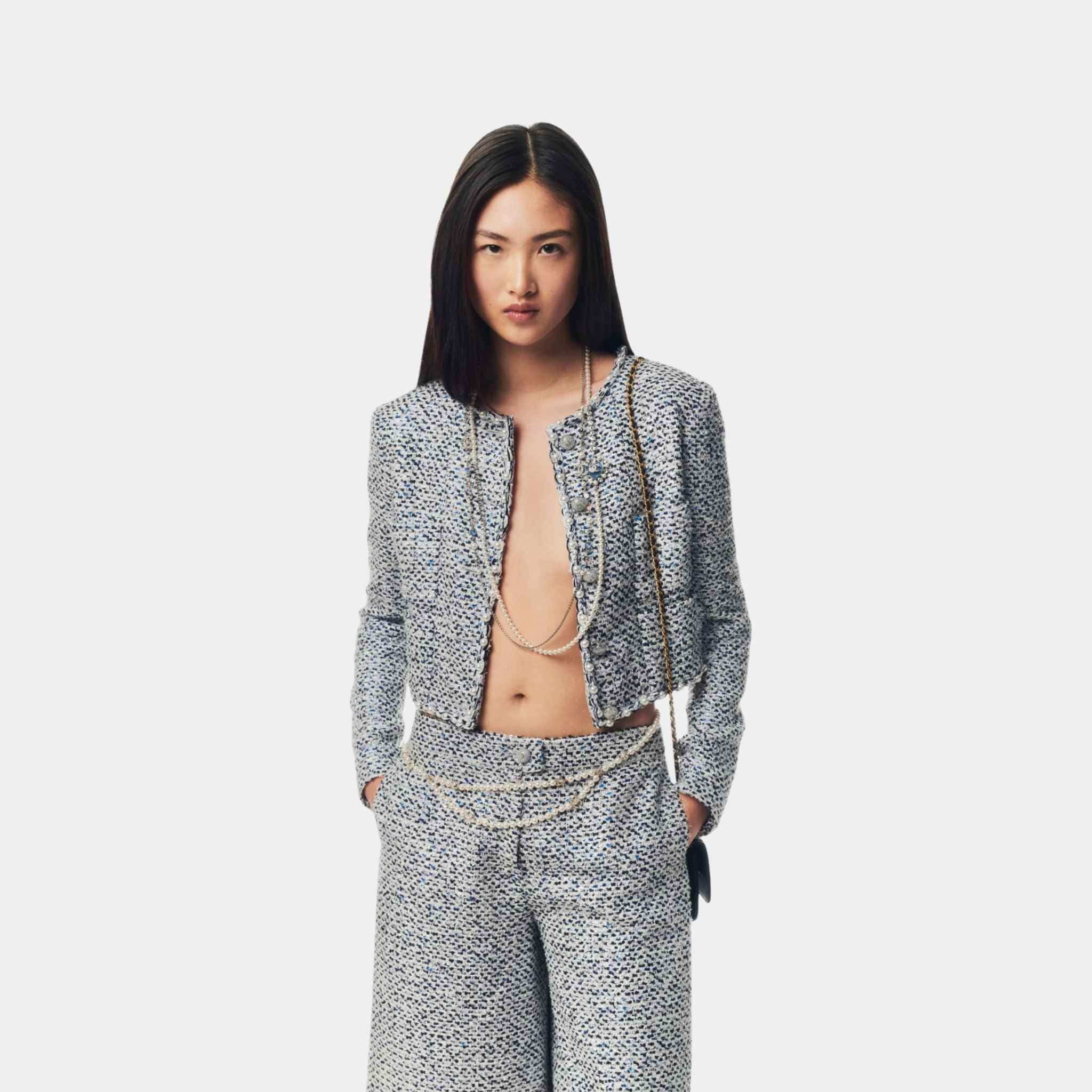 Jacket Glittered Tweed Imitation Pearls White Blue Black