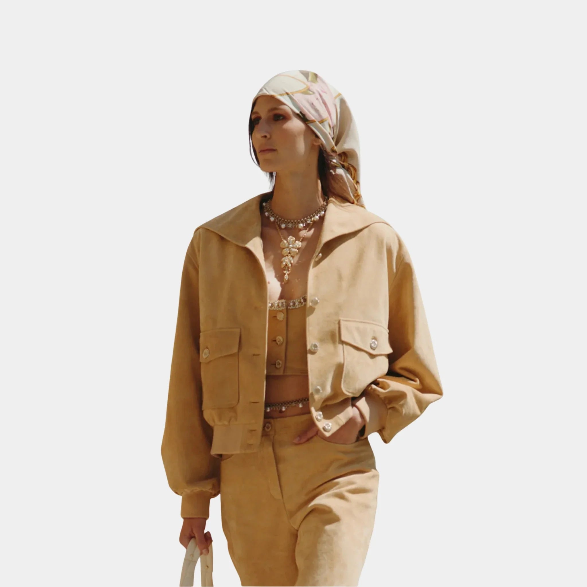 Jacket in Beige Suede Calfskin