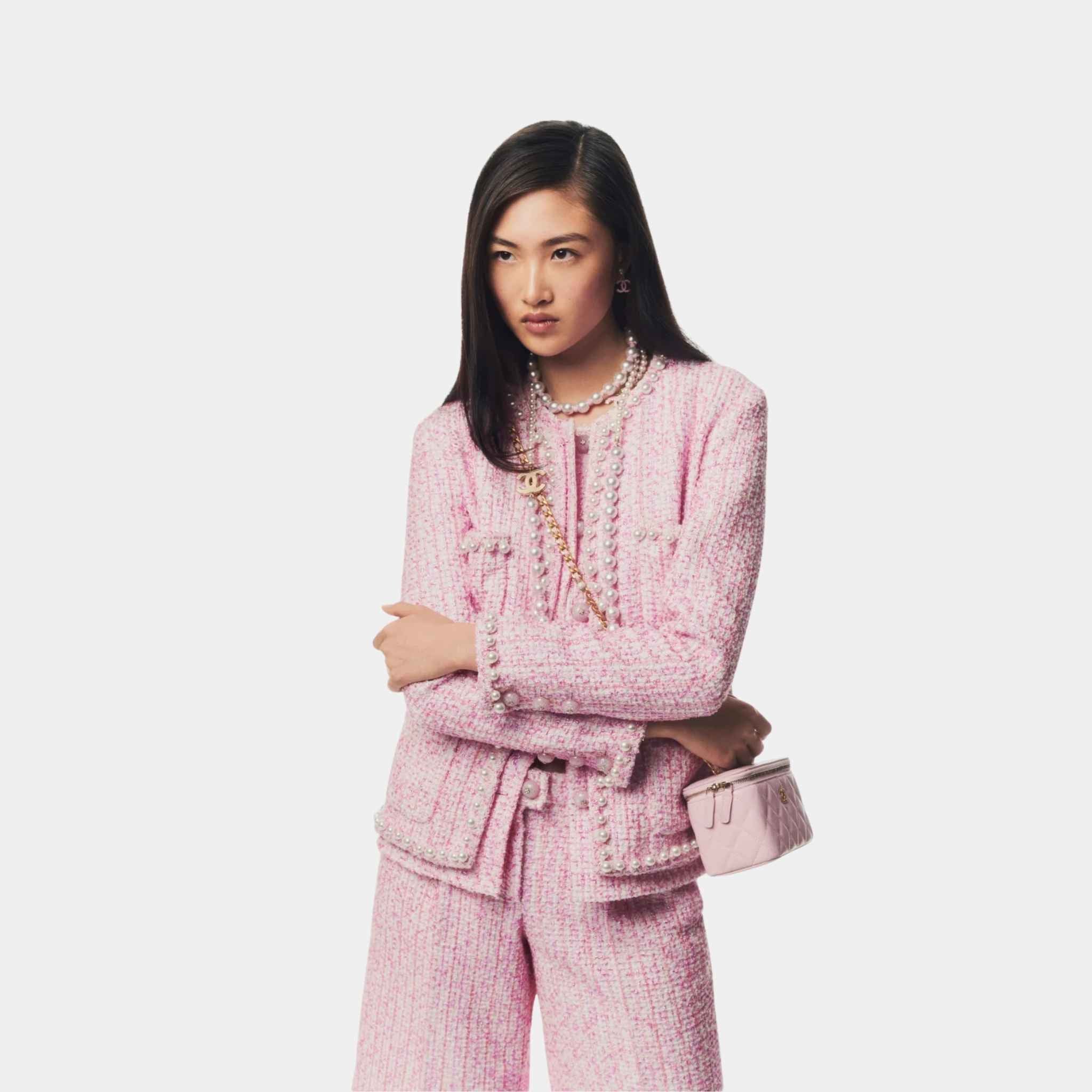 Jacket Iridescent Cotton Wool Tweed Pearls Pink Ecru