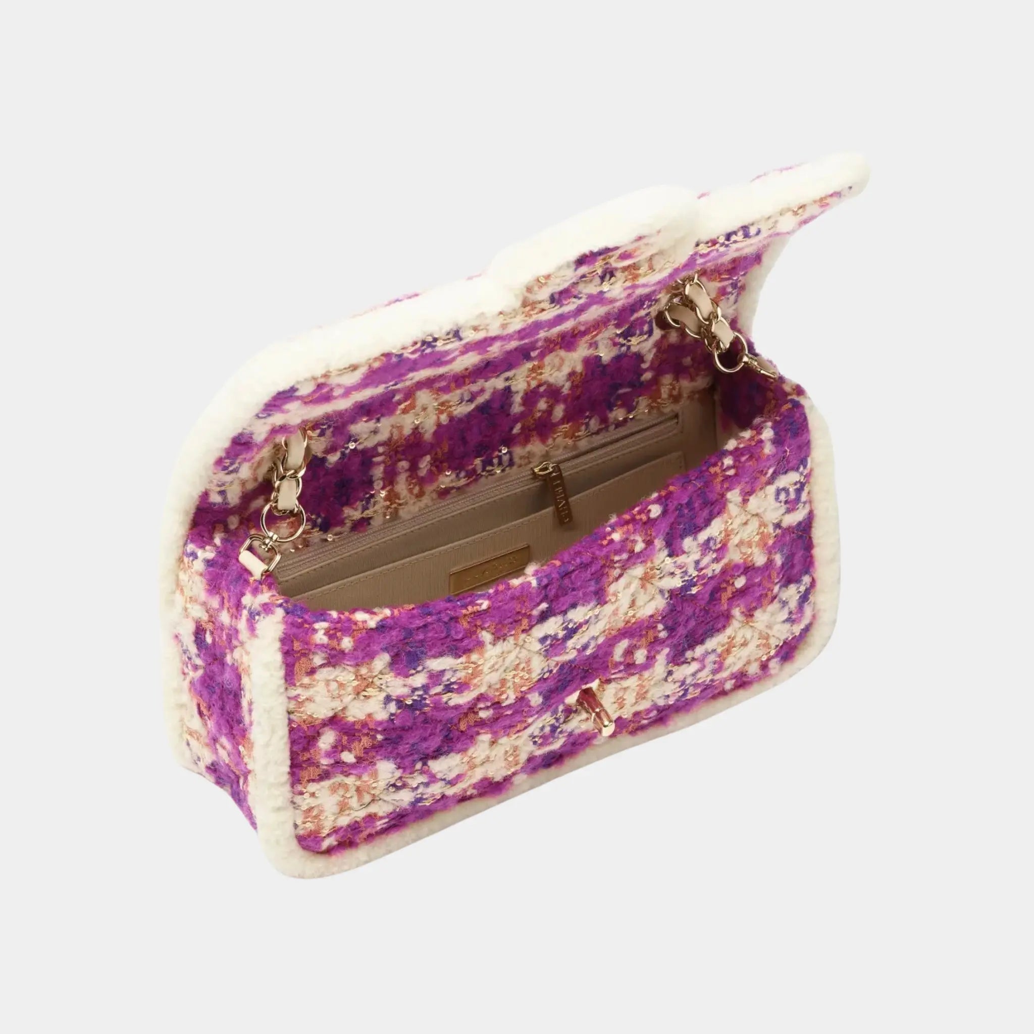 Large Flap Bag Tweed and Sheepskin with Gold-Tone Metal