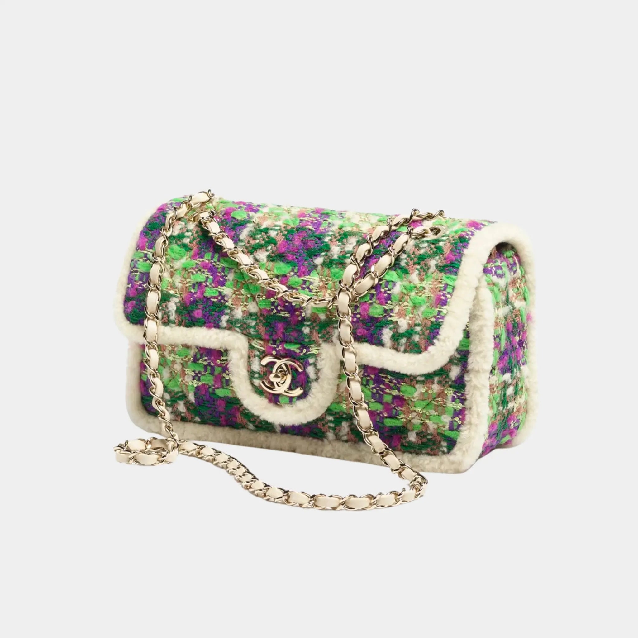 Chanel Large Flap Bag Tweed and Sheepskin with Gold-Tone Metal, Green, Front