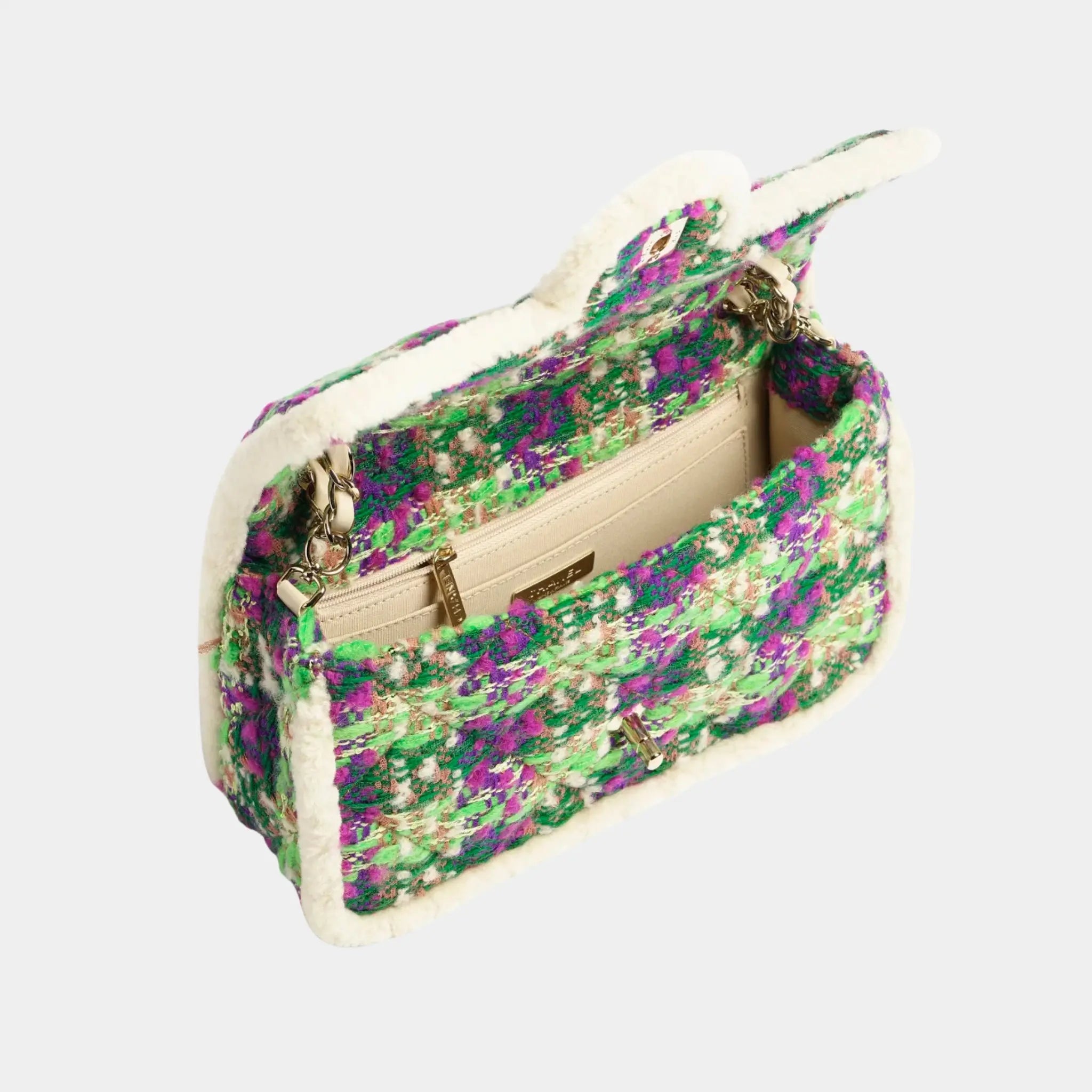 Large Flap Bag Tweed and Sheepskin with Gold-Tone Metal