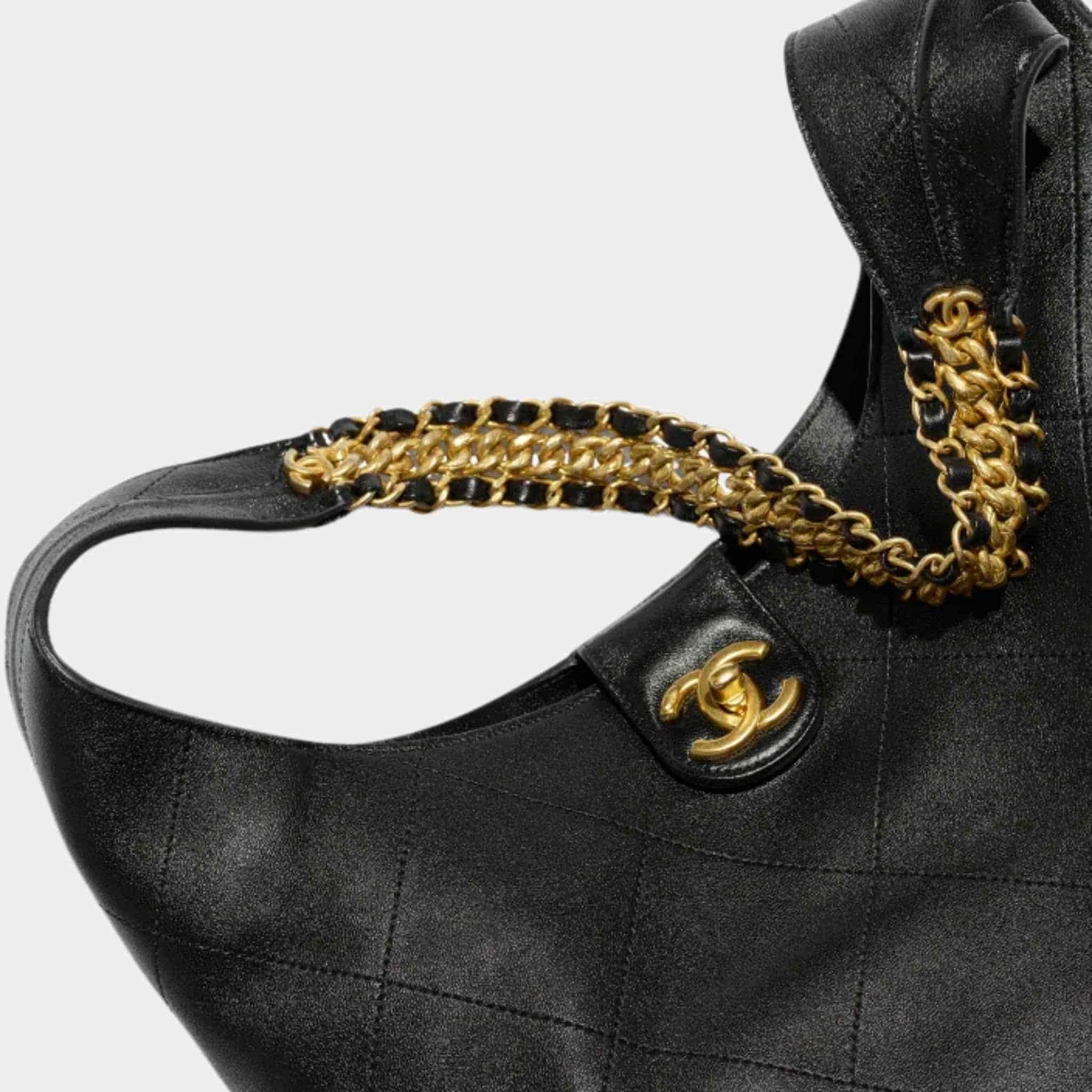 Large Hobo Bag Shiny Lambskin Gold Tone Metal Black