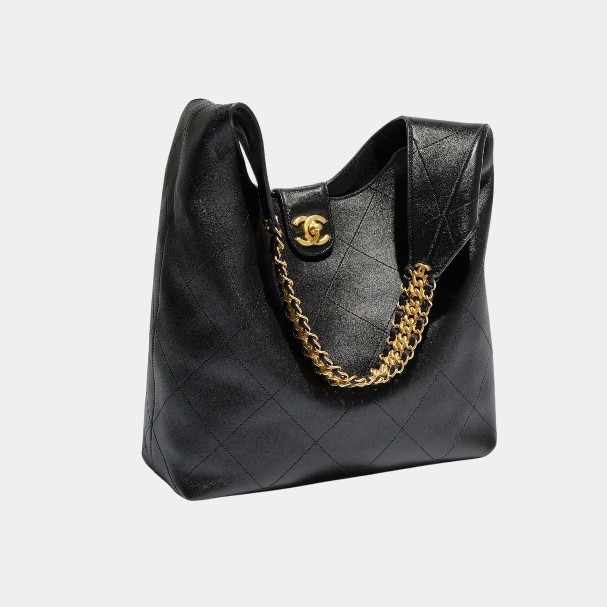 Large Hobo Bag Shiny Lambskin Gold Tone Metal Black