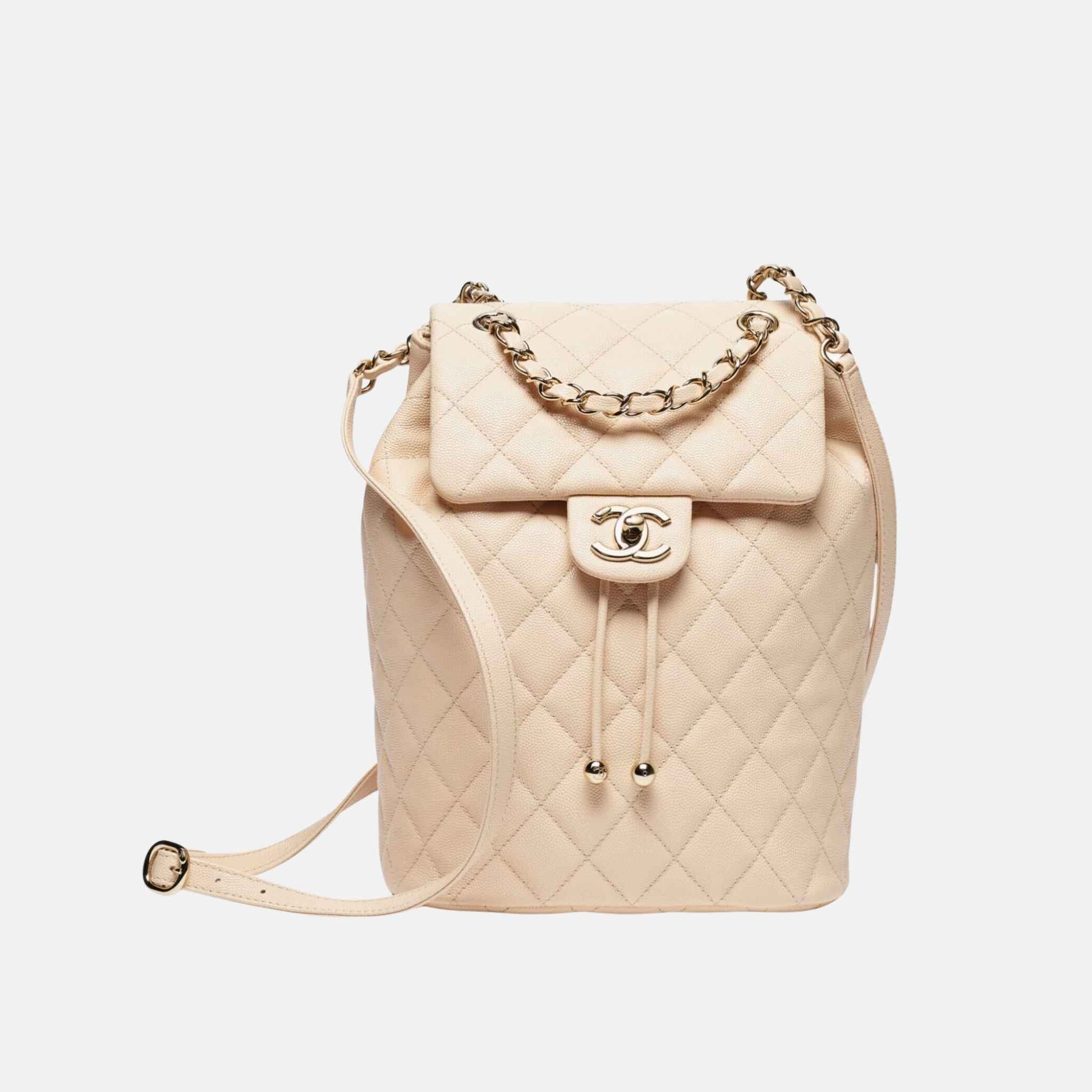 Light Beige Backpack In Grained Shiny Calfskin And Gold Tone