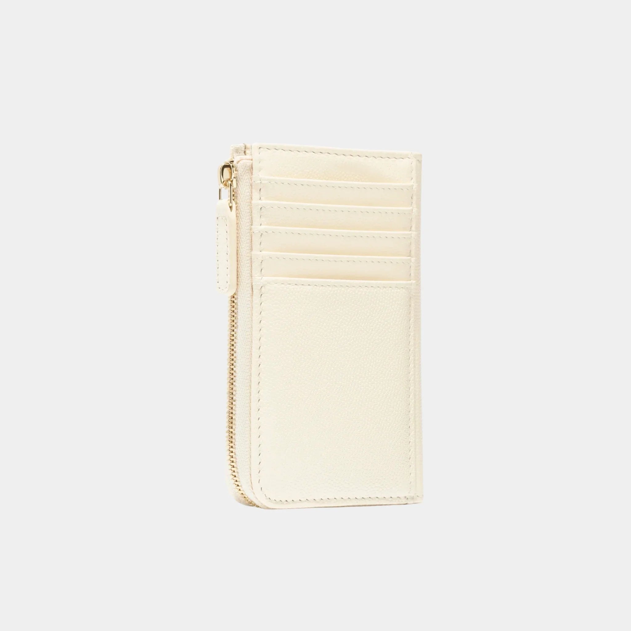 Light Beige Zipped Card Holder Grained Shiny Calfskin