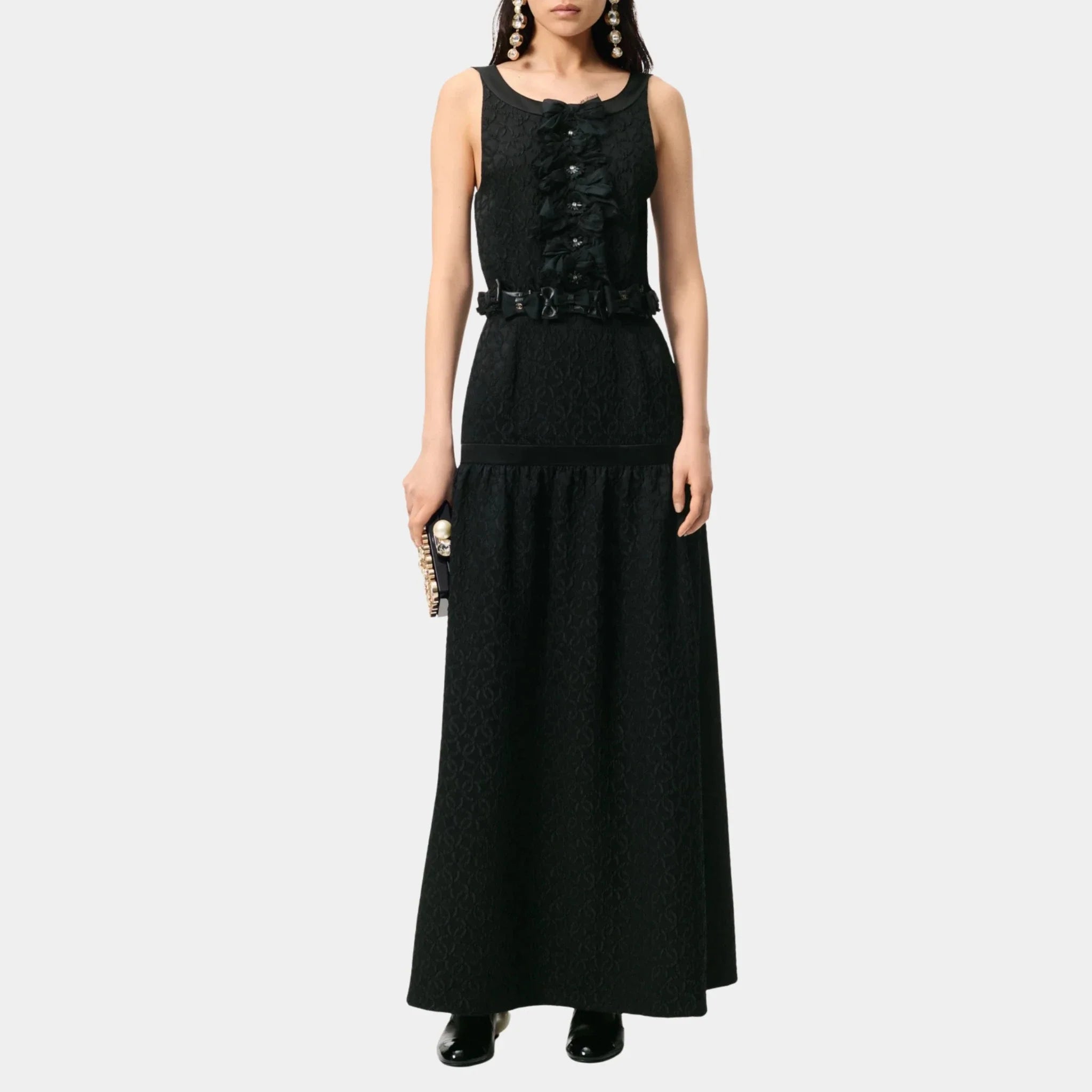 Chanel Long Dress Jacquard Silk Crepe Embroidered with Pearls, Black, Front