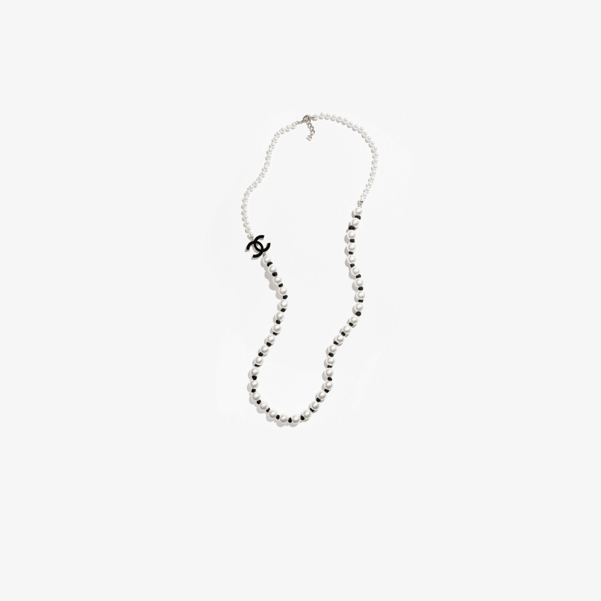 Chanel Long Necklace Metal Glass & Imitation Pearls Silk Resin, Black, Top