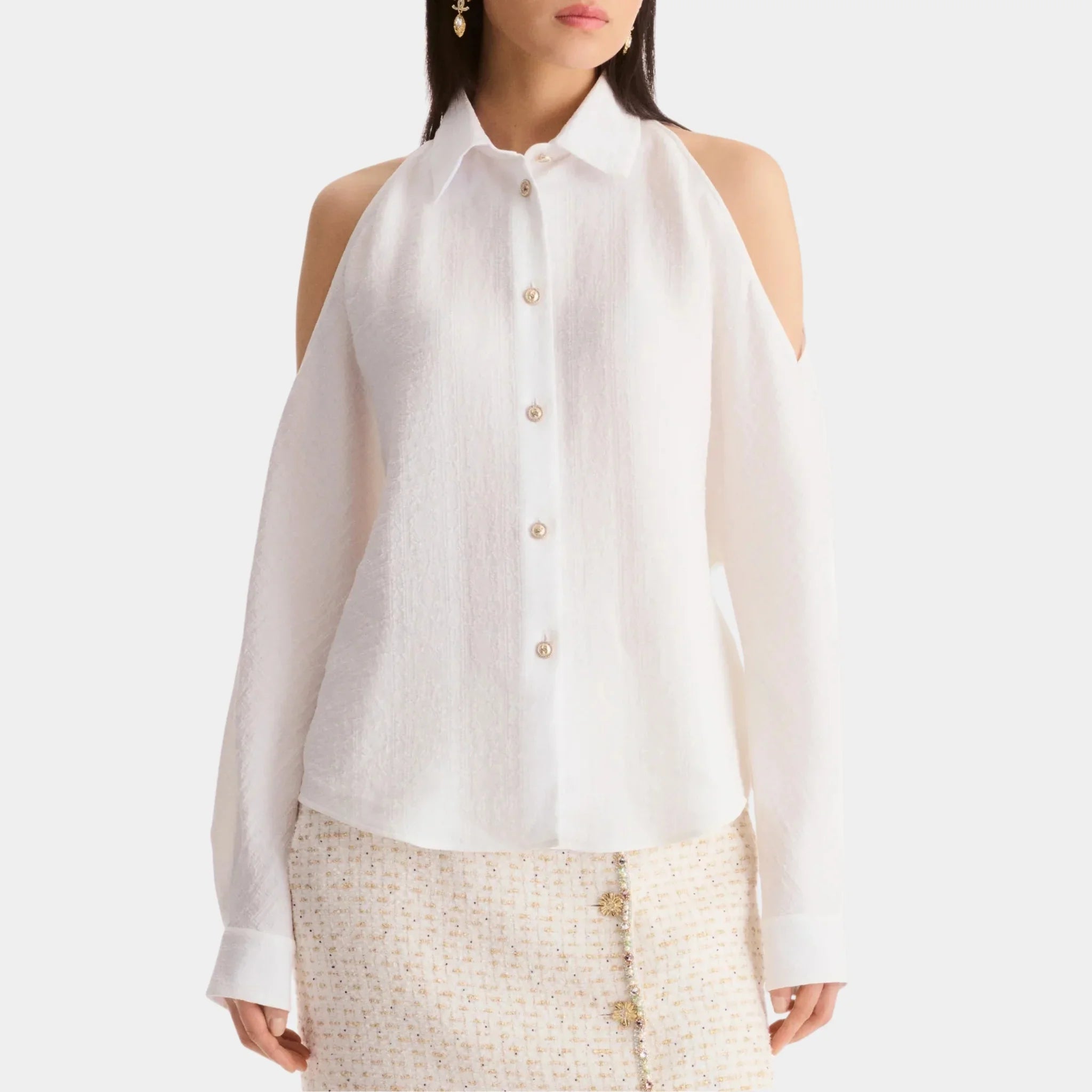 Chanel Long-sleeved Shirt in White Silk Jacquard, Front
