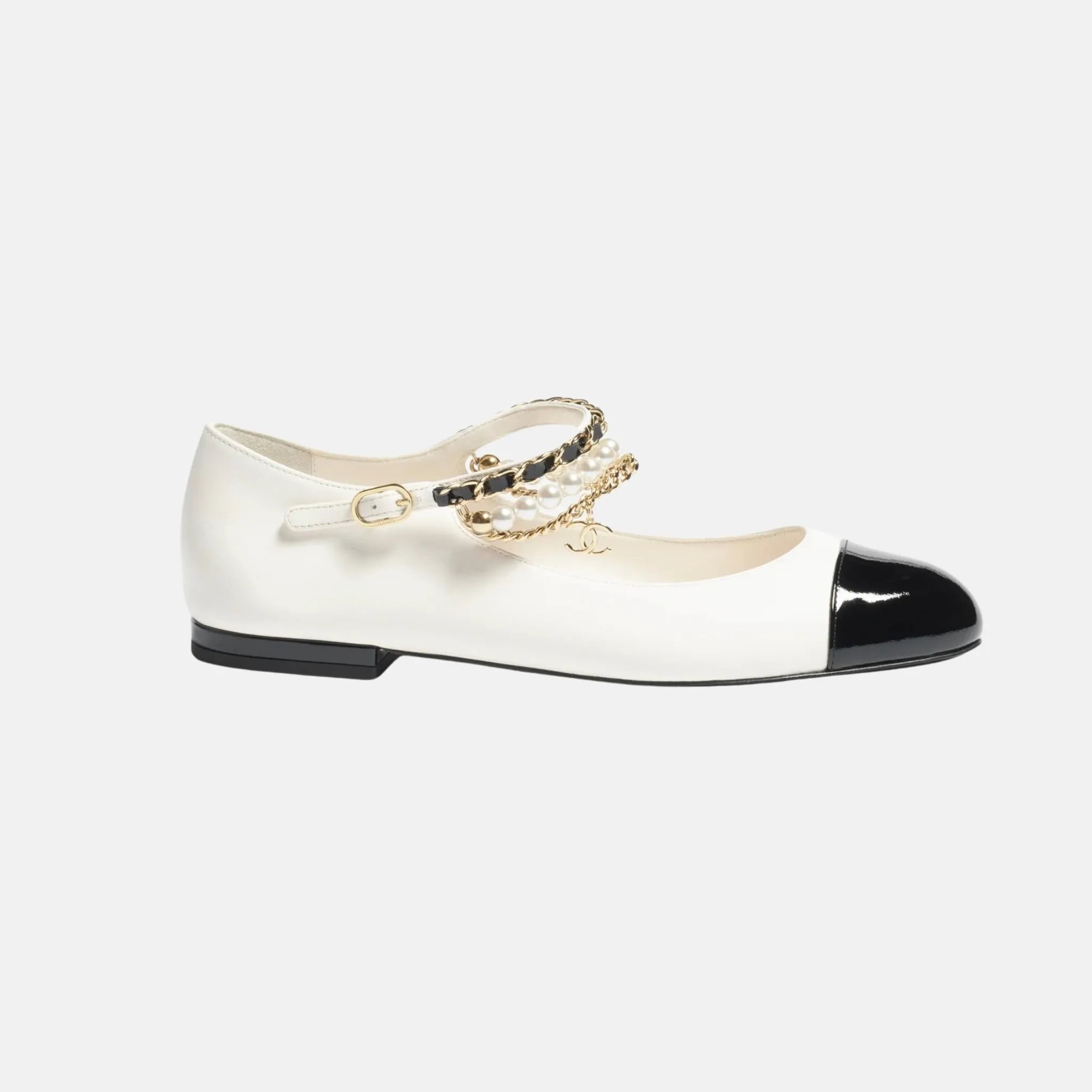Mary Janes in Lambskin and Patent Calfskin with Pearls