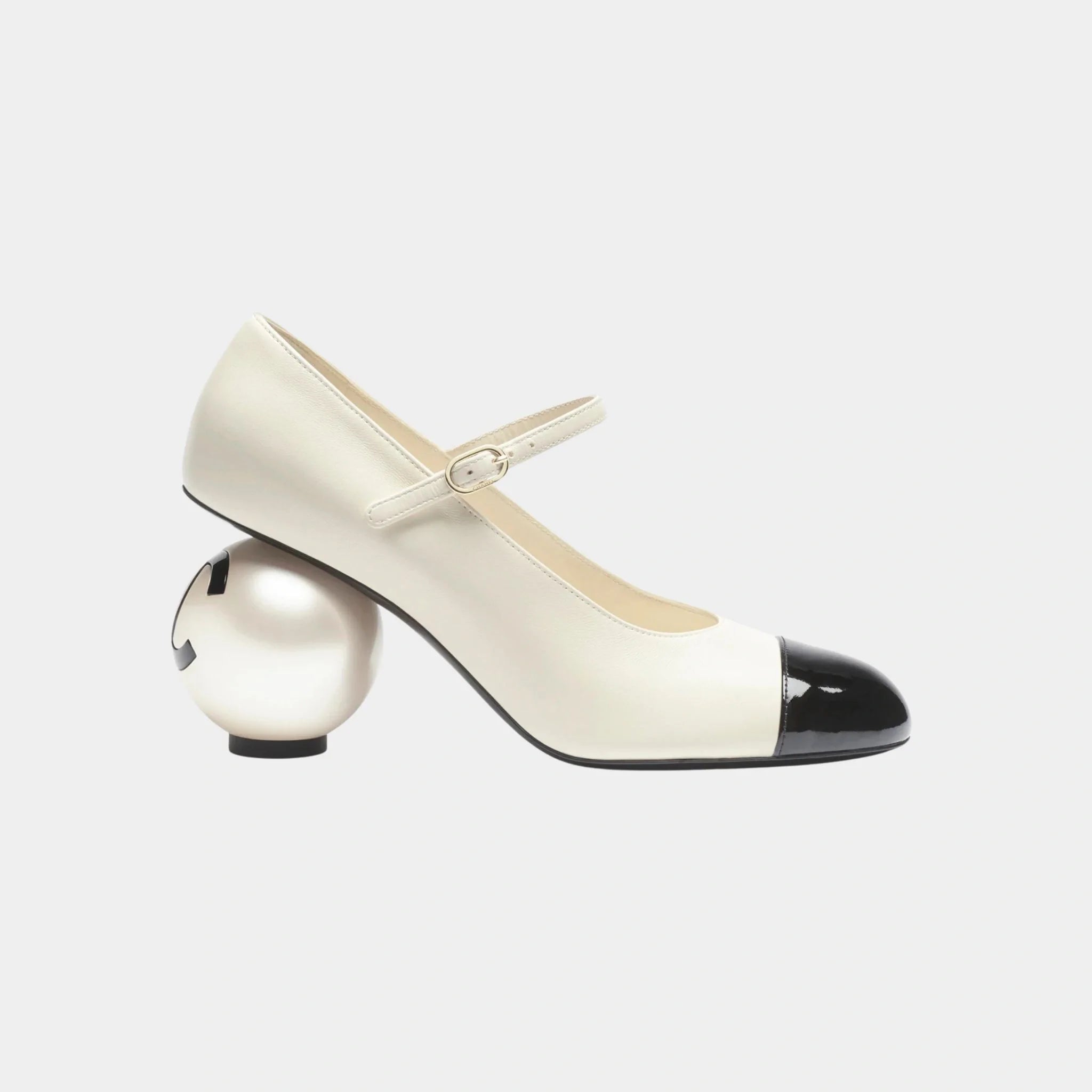 Chanel Mary Janes Lambskin Patent Calfskin & Imitation Pearls Black, White, SIde