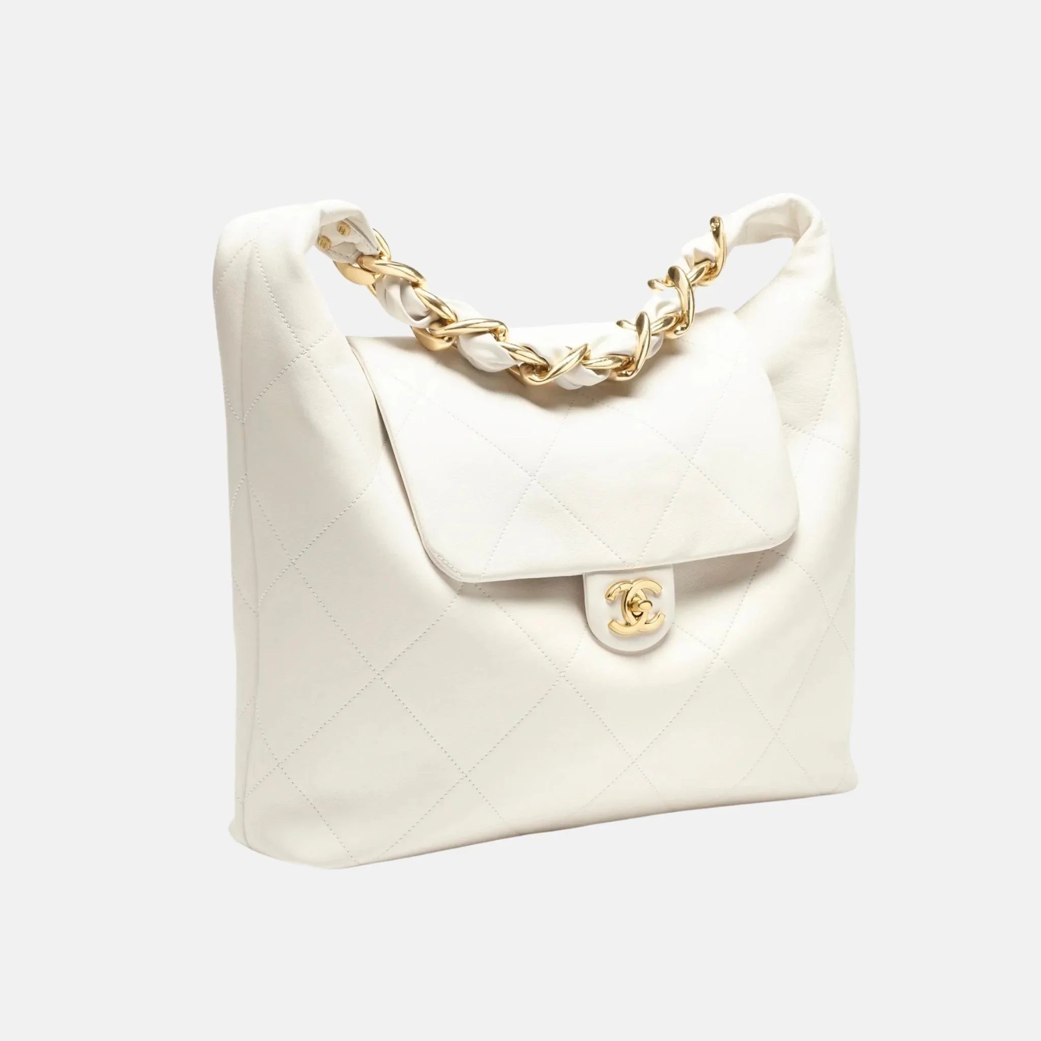 Chanel Maxi Hobo Bag Shiny Calfskin Gold Tone Metal, Front