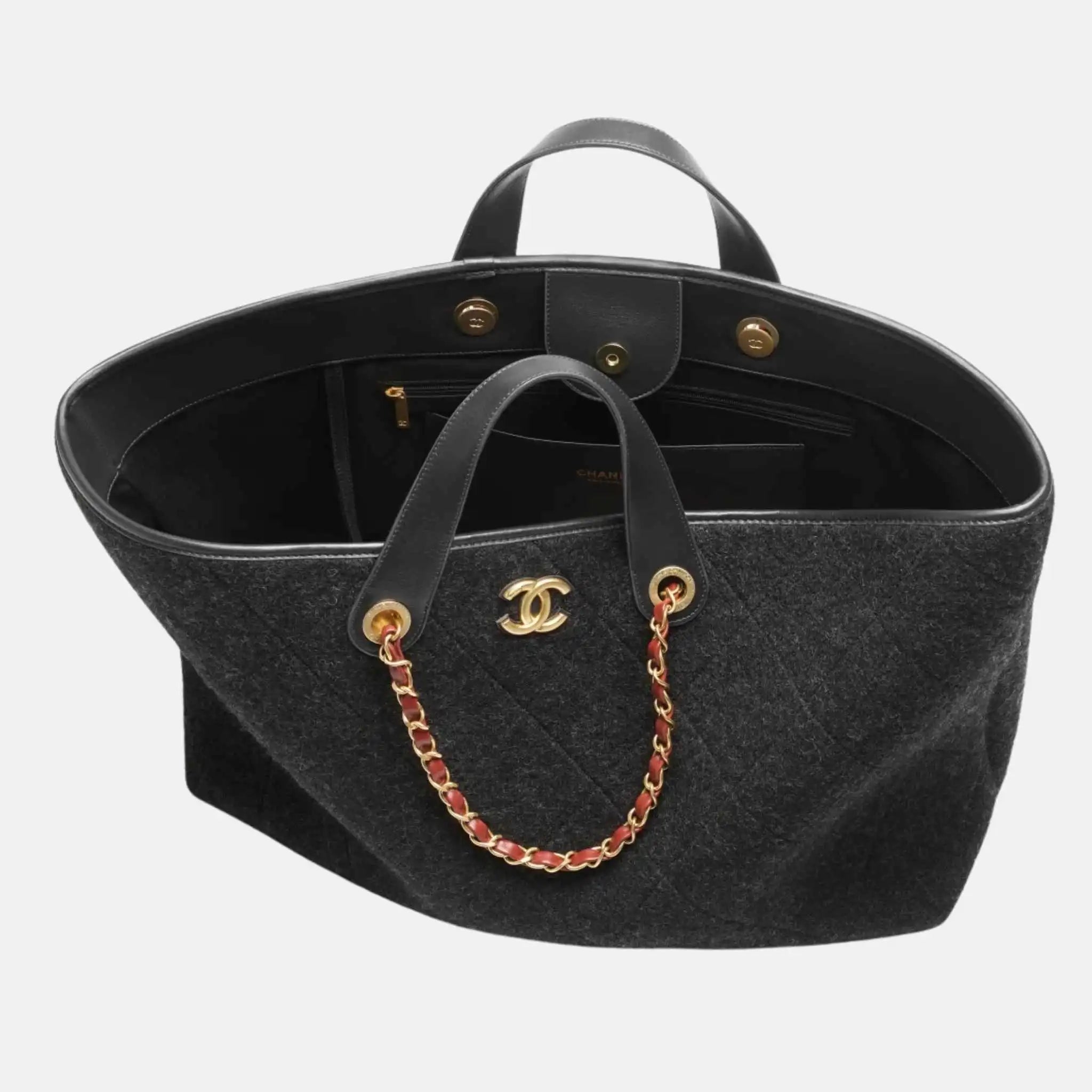 Maxi Shopping Bag Wool Dark Grey Gold Tone Metal