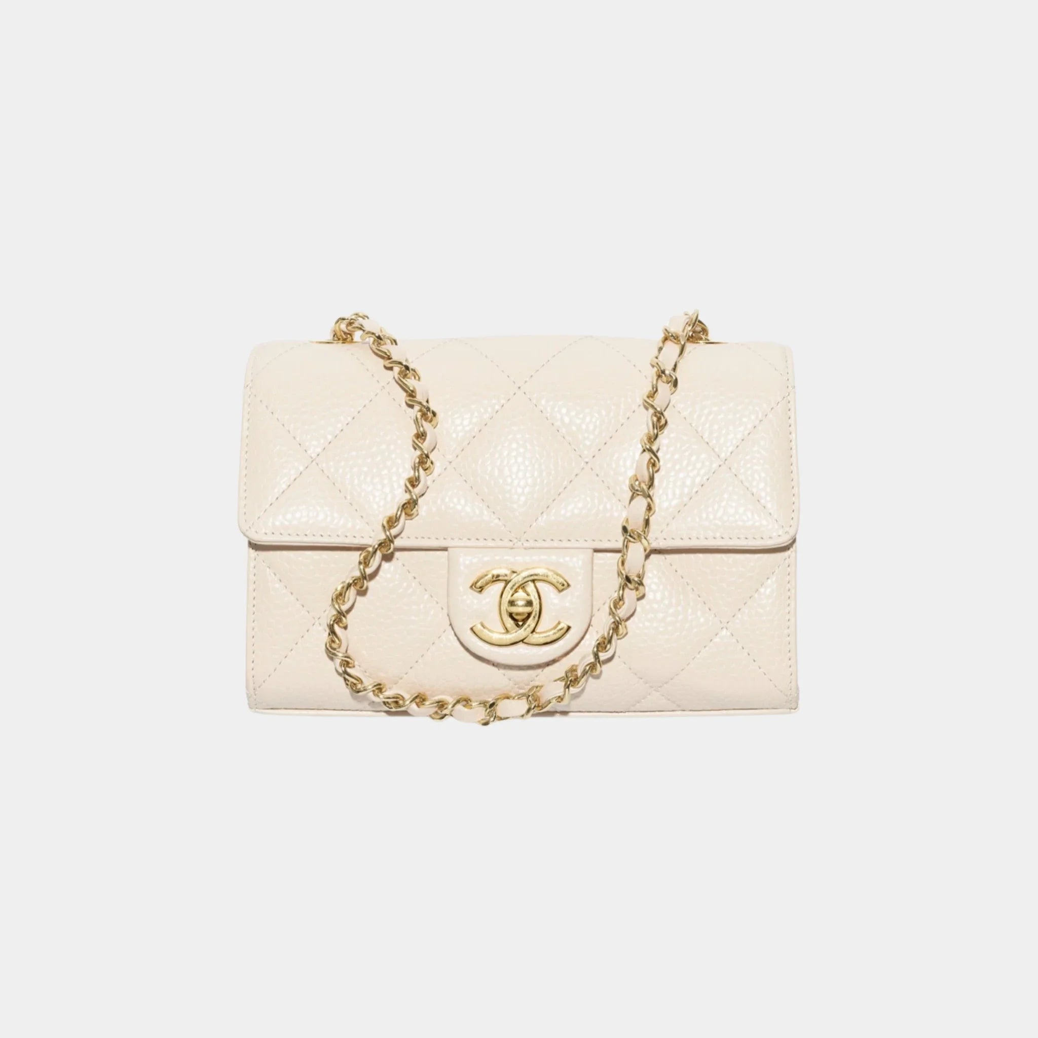 Mini Flap Bag Grained Calfskin & Gold-Tone Metal in Light Beige