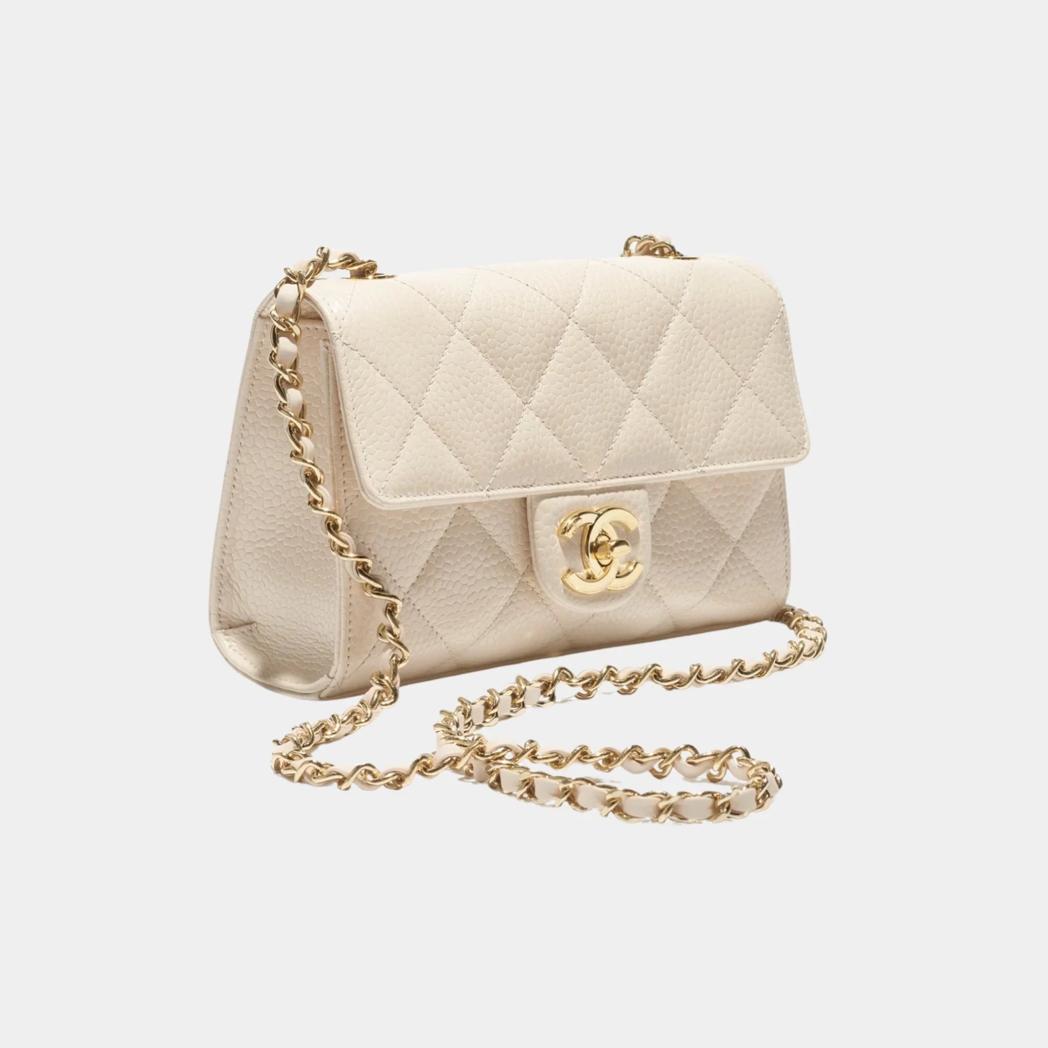 Mini Flap Bag Grained Calfskin & Gold-Tone Metal in Light Beige