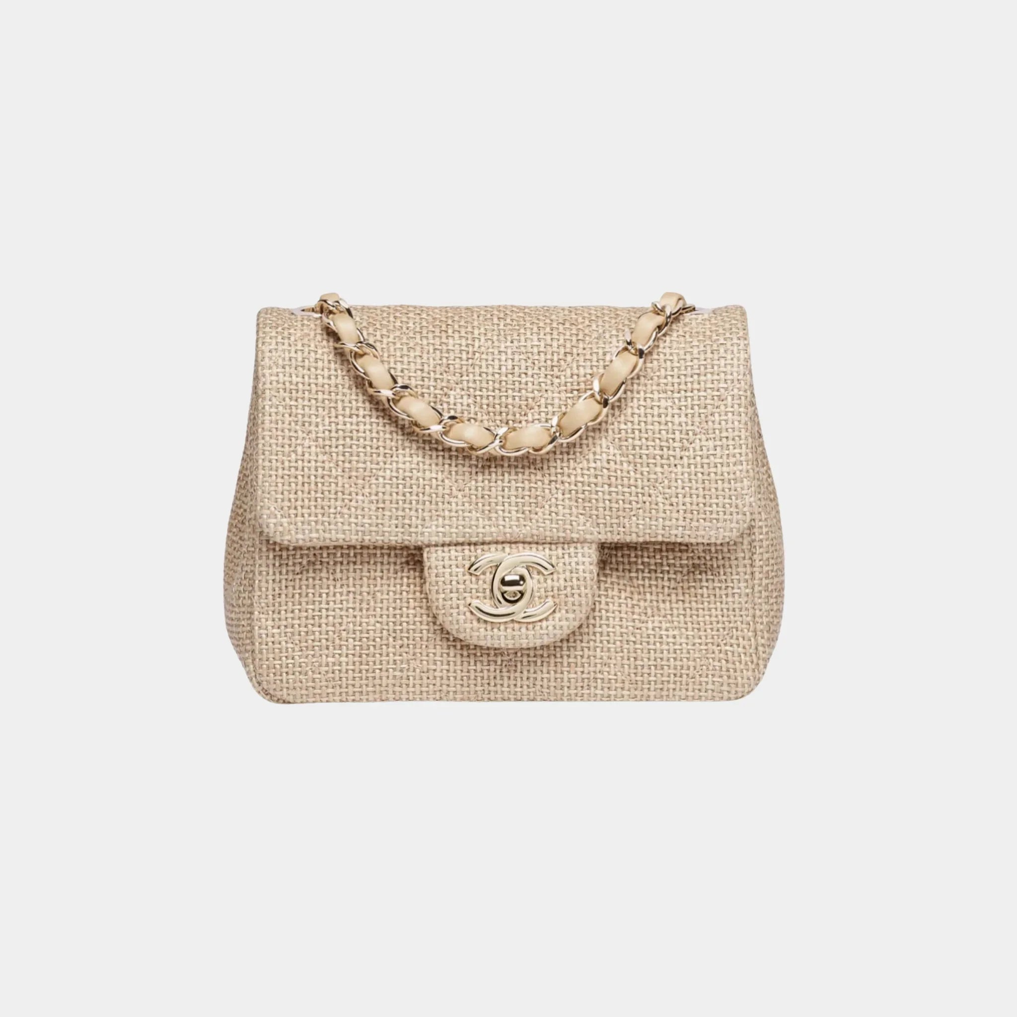 Mini Flap Bag in Raffia Effect Canvas & Gold-Tone Metal