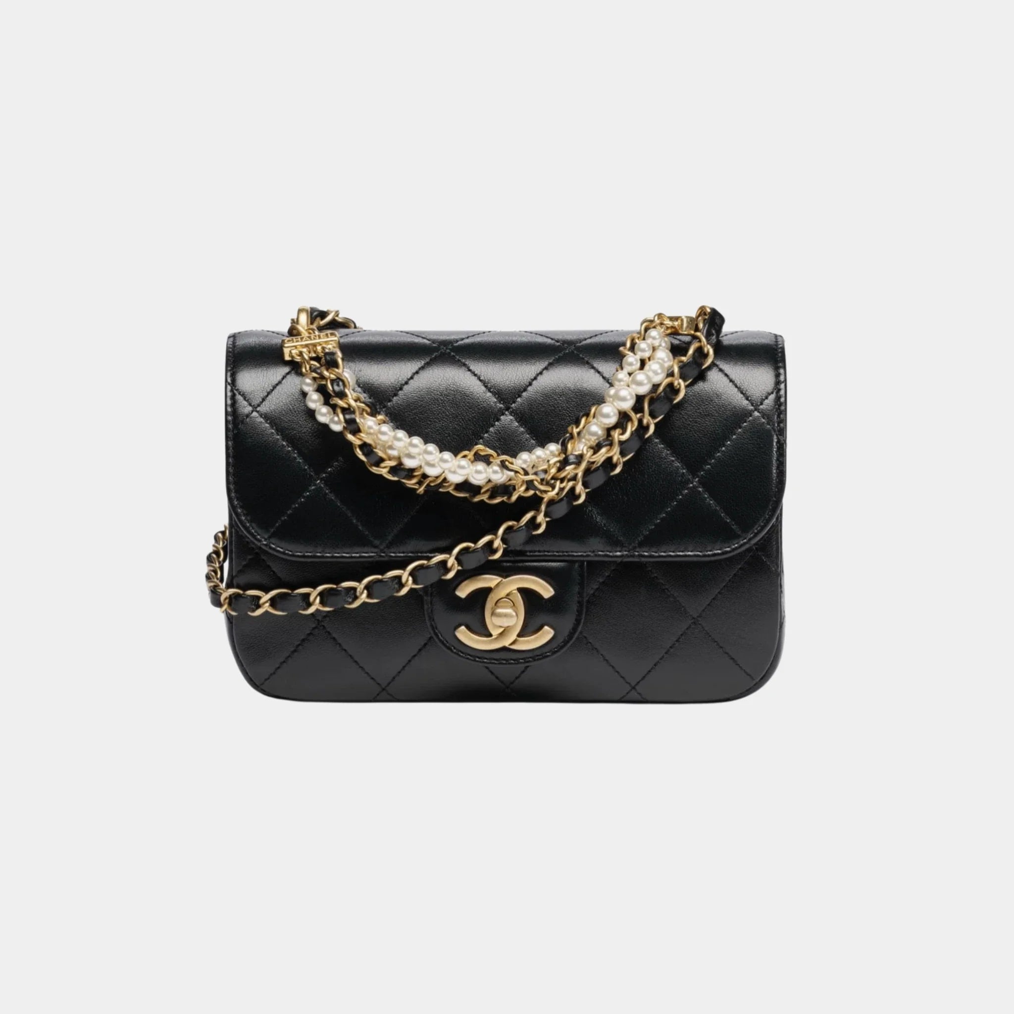 Mini Flap Bag in Shiny Lambskin and Pearls