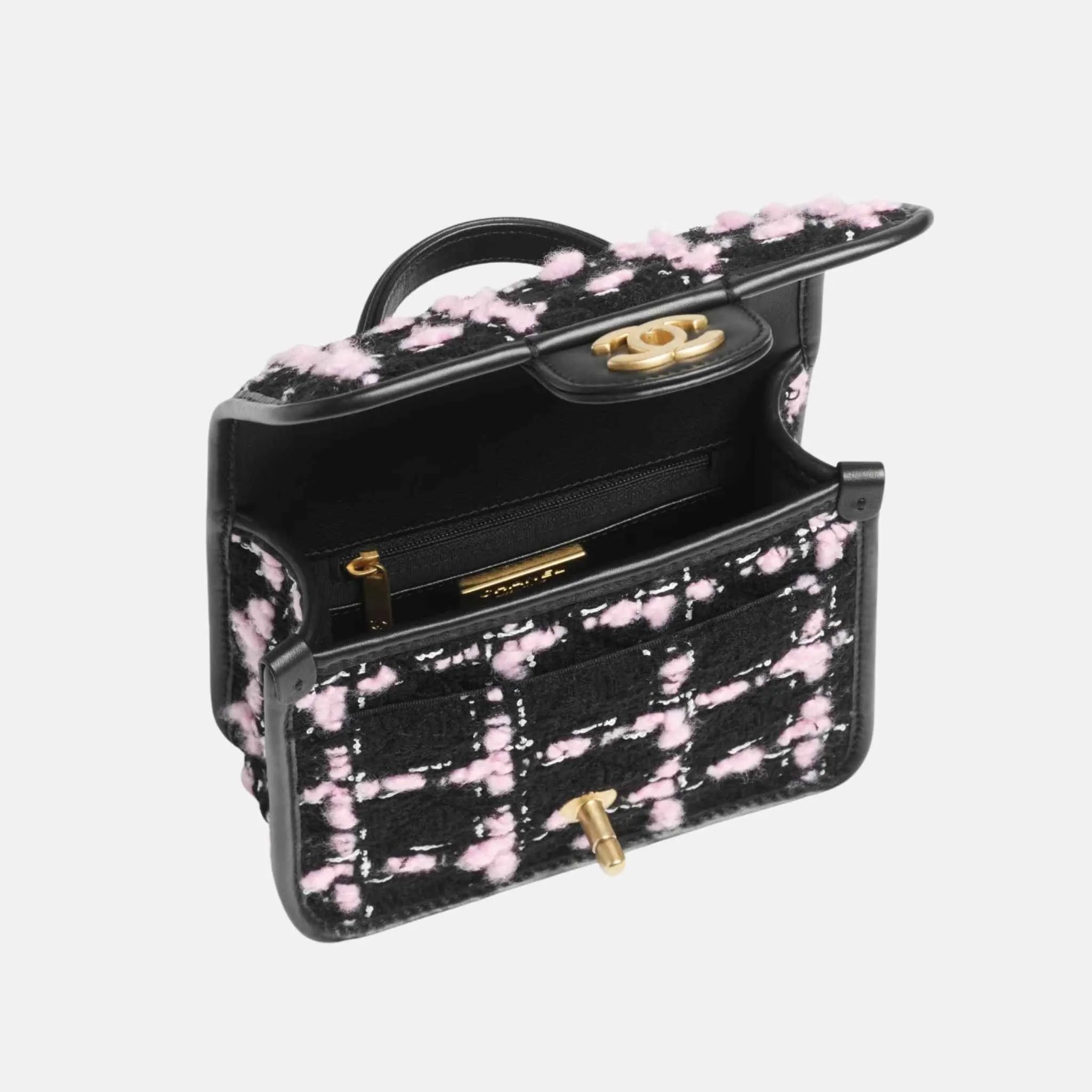 Mini Flap Bag with Handle in Wool Tweed and Calfskin