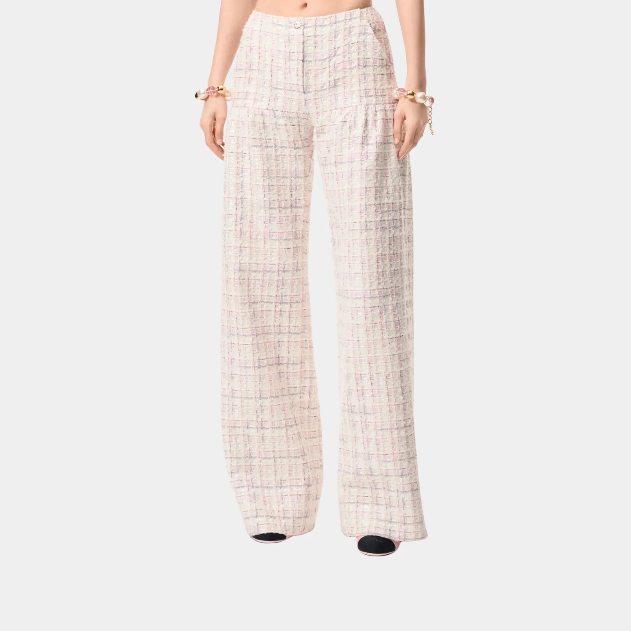Chanel Pants in Cotton Tweed, Ecru, Pink, Gray, Front