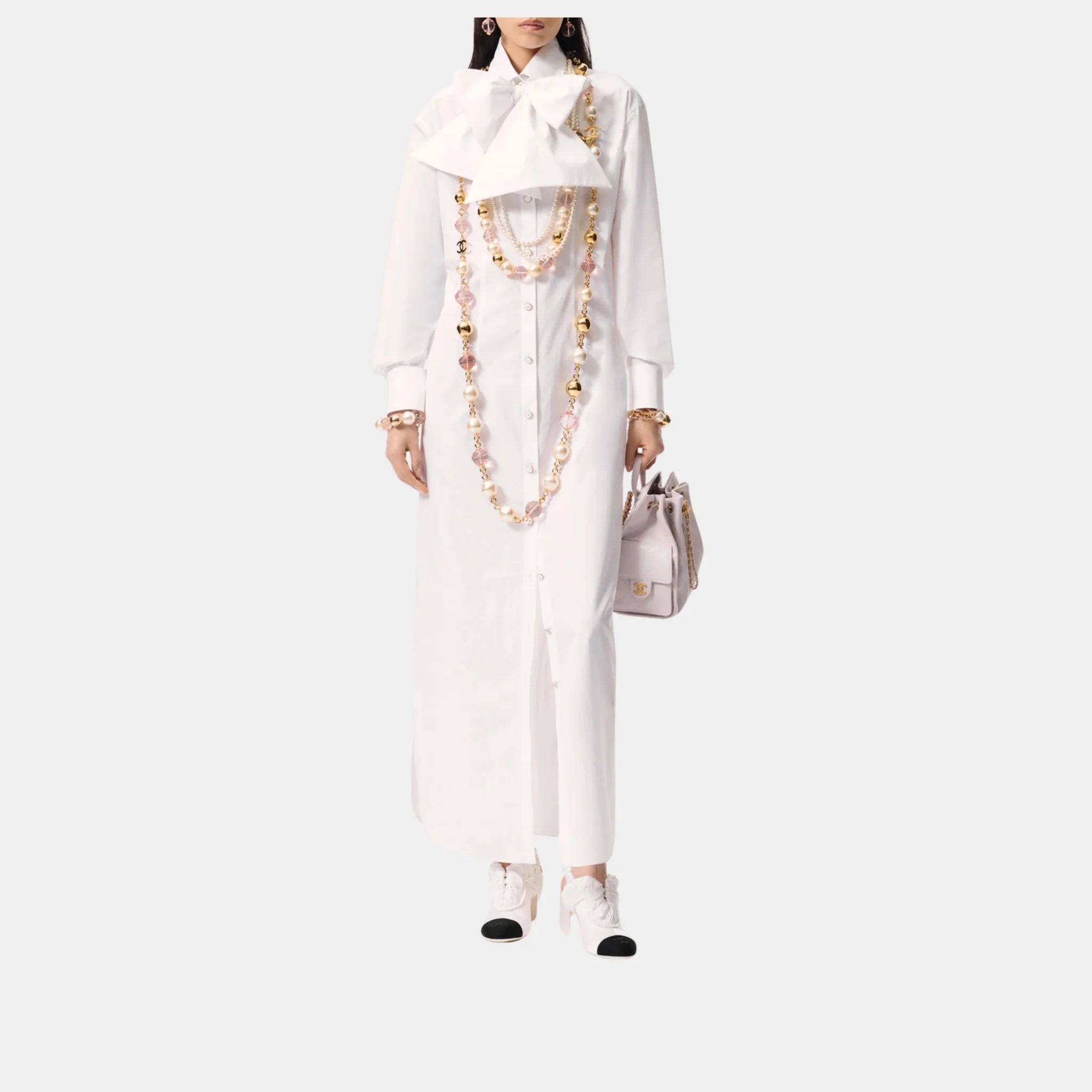 Chanel Long Dress in Cotton Poplin, White, Front