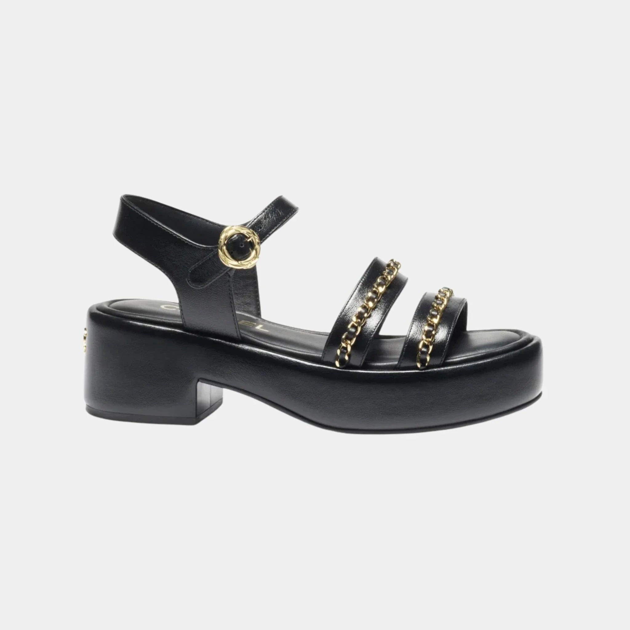 Chanel Platform Sandals in Calfskin, Black, Side