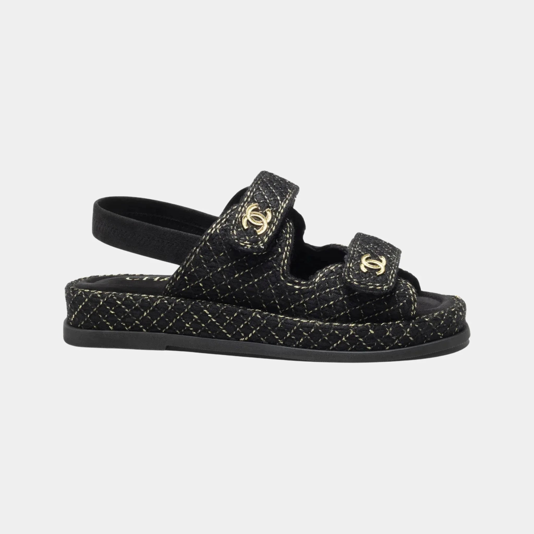 Chanel Sandal in Wool, Alpaca and Goat Velvet, Black, Gold, Side