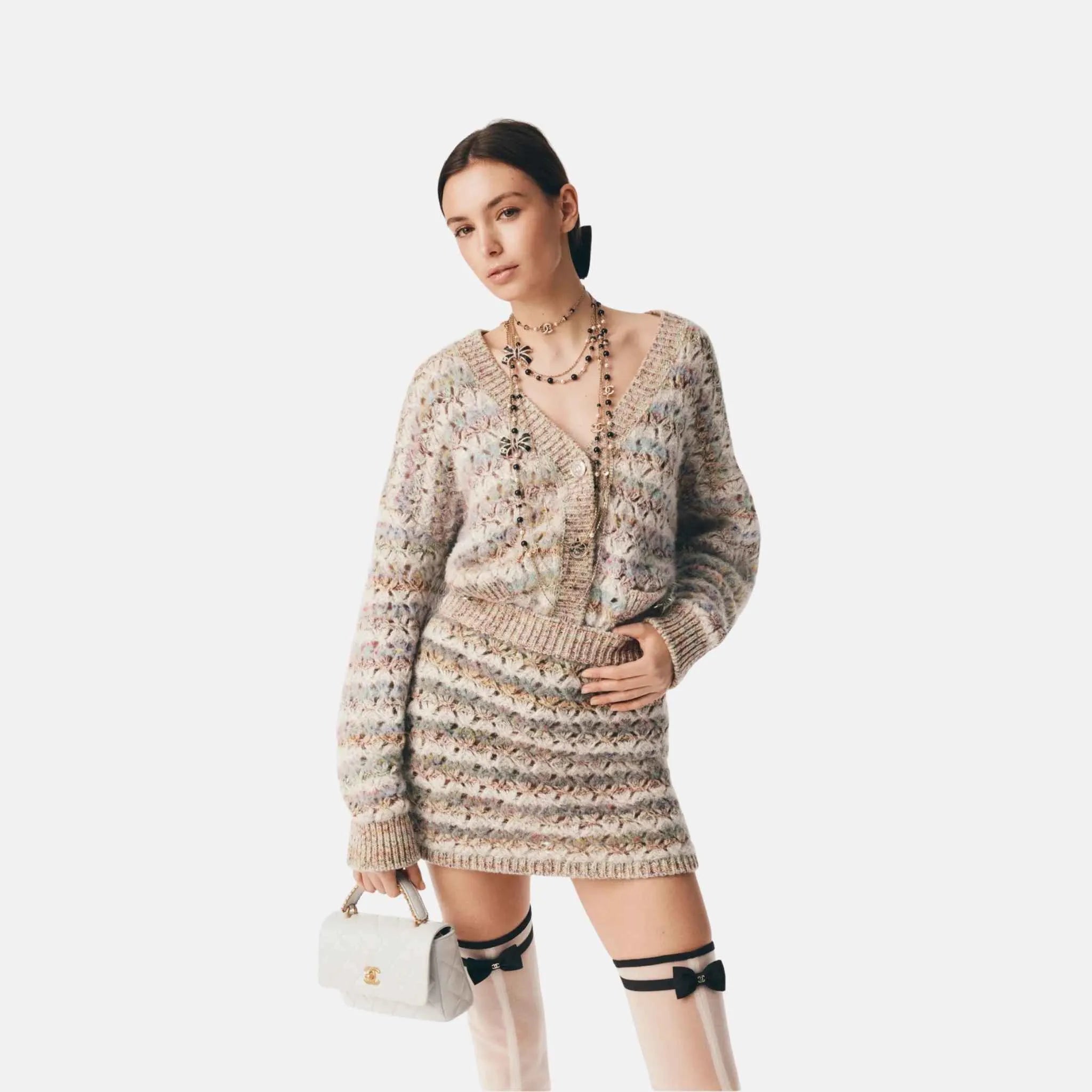 Skirt in Light Gray and Multicolor Wool and Cashmere