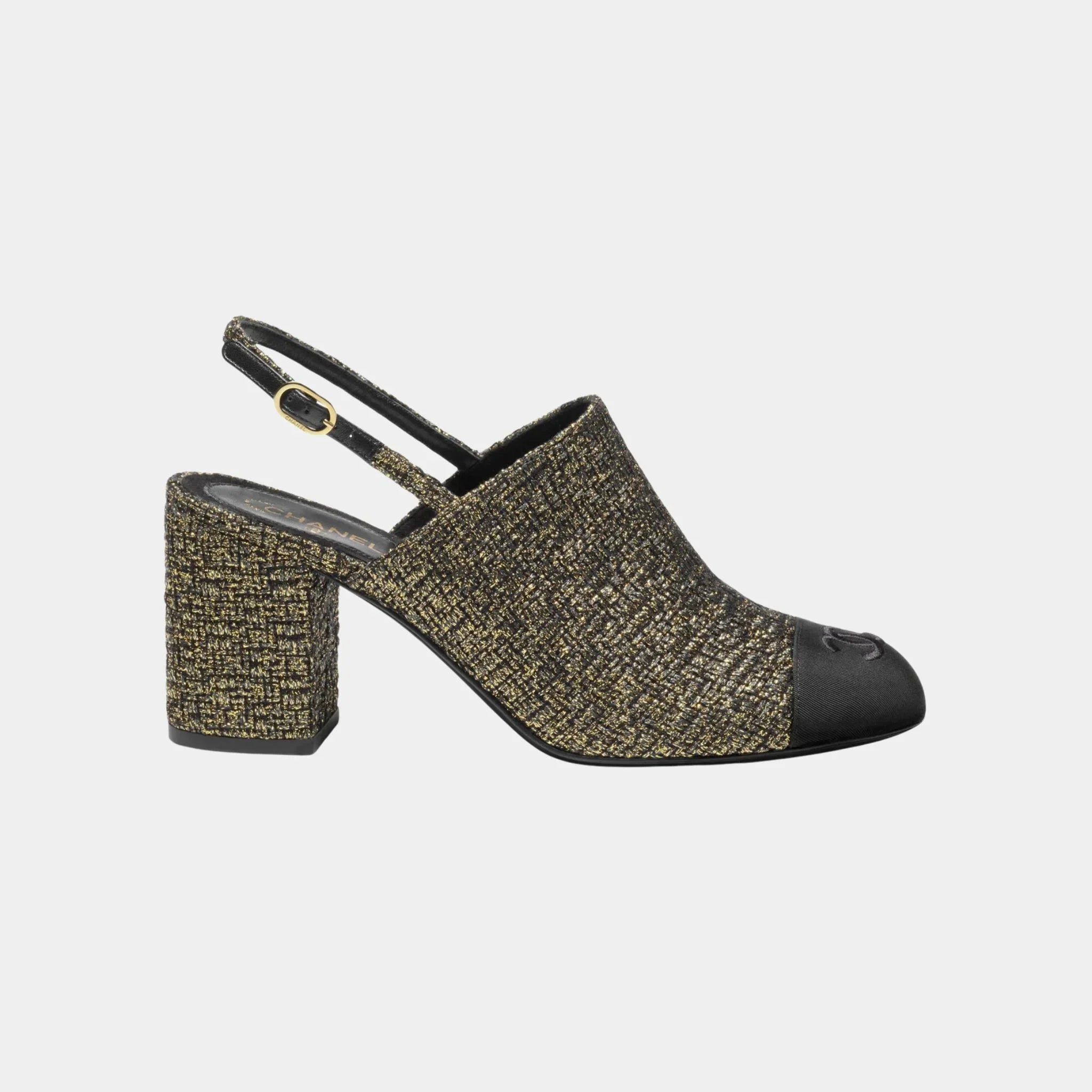 Chanel Slingback in Tweed & Grosgrain, Black, Gold, Side