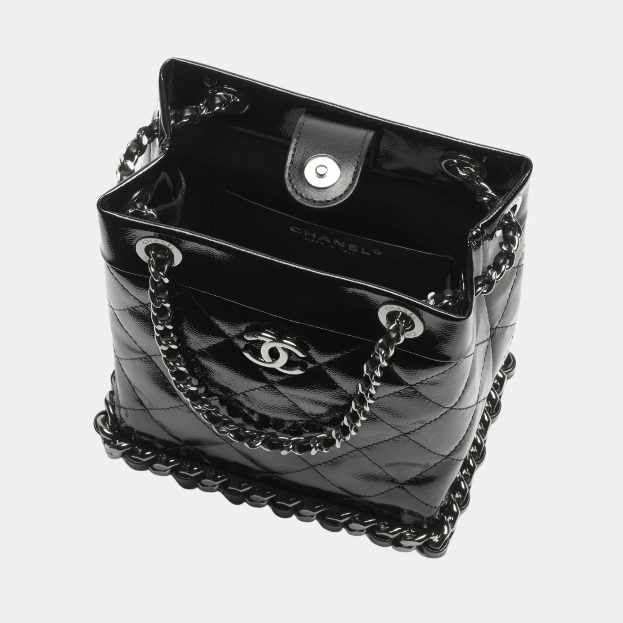 Small Bucket Bag Crumpled Patent Calfskin & Ruthenium-Finish Metal Black