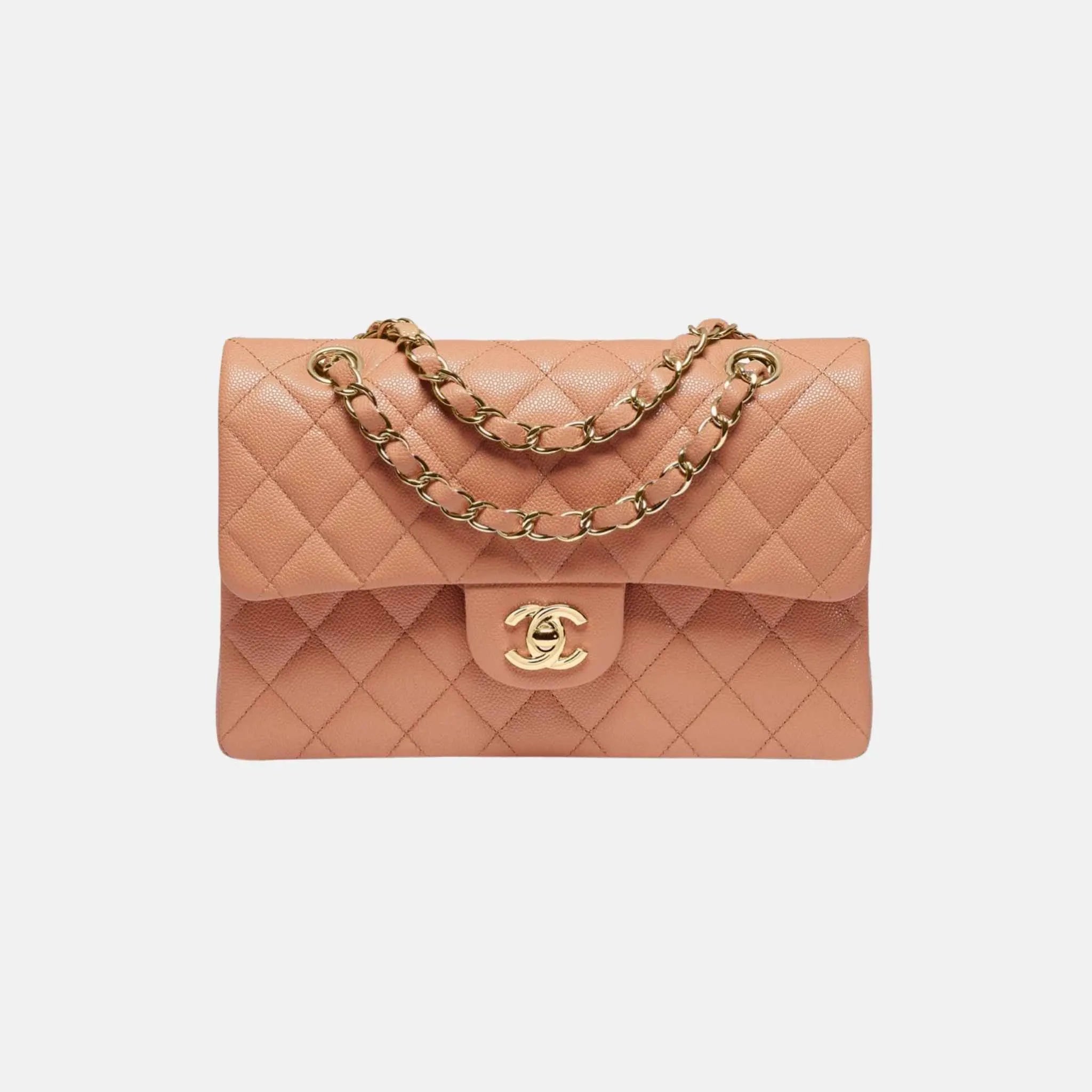 Small Classic Handbag Grained Shiny Calfskin in Gold Tone Metal