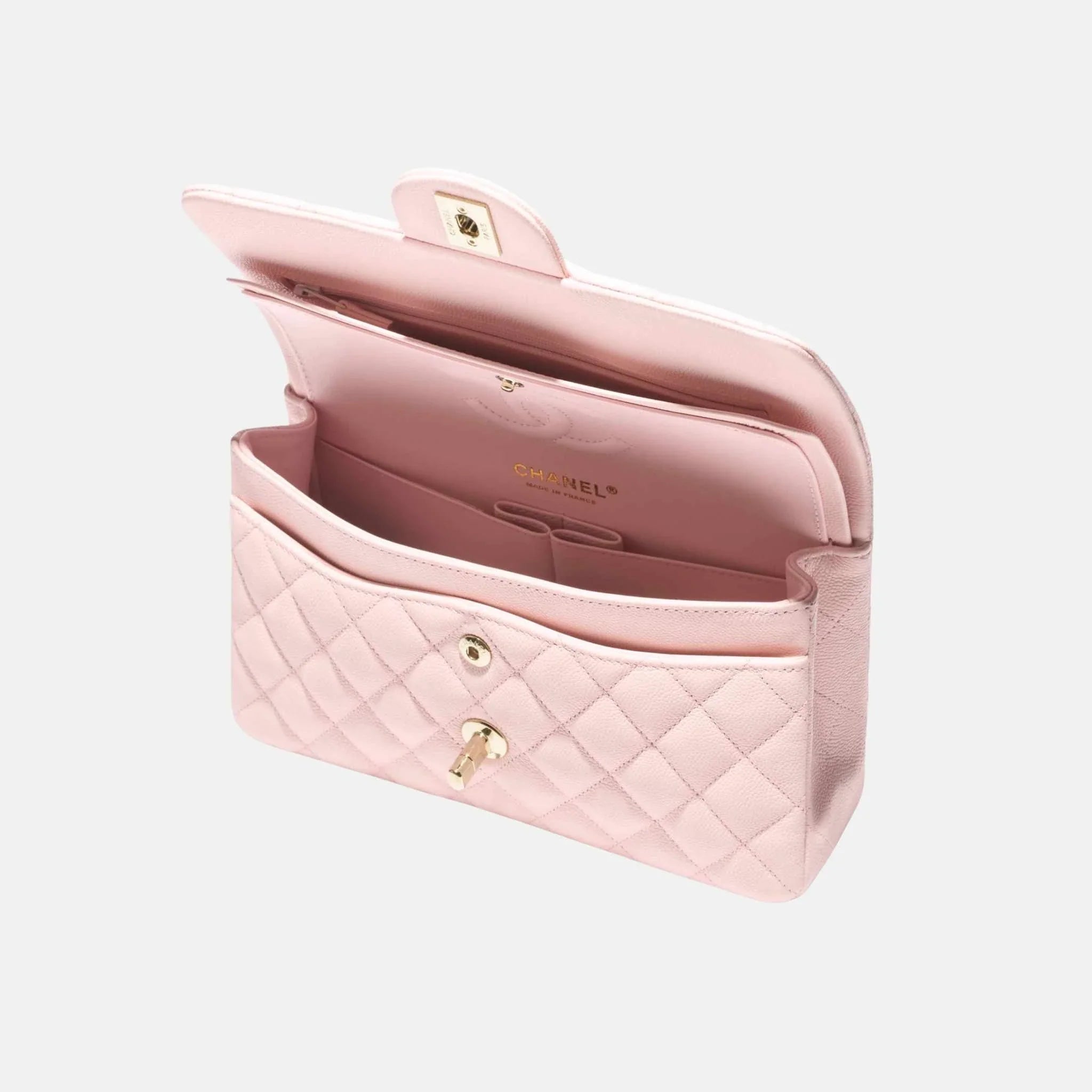 Small Classic Handbag Grained Shiny Calfskin in Gold Tone Metal