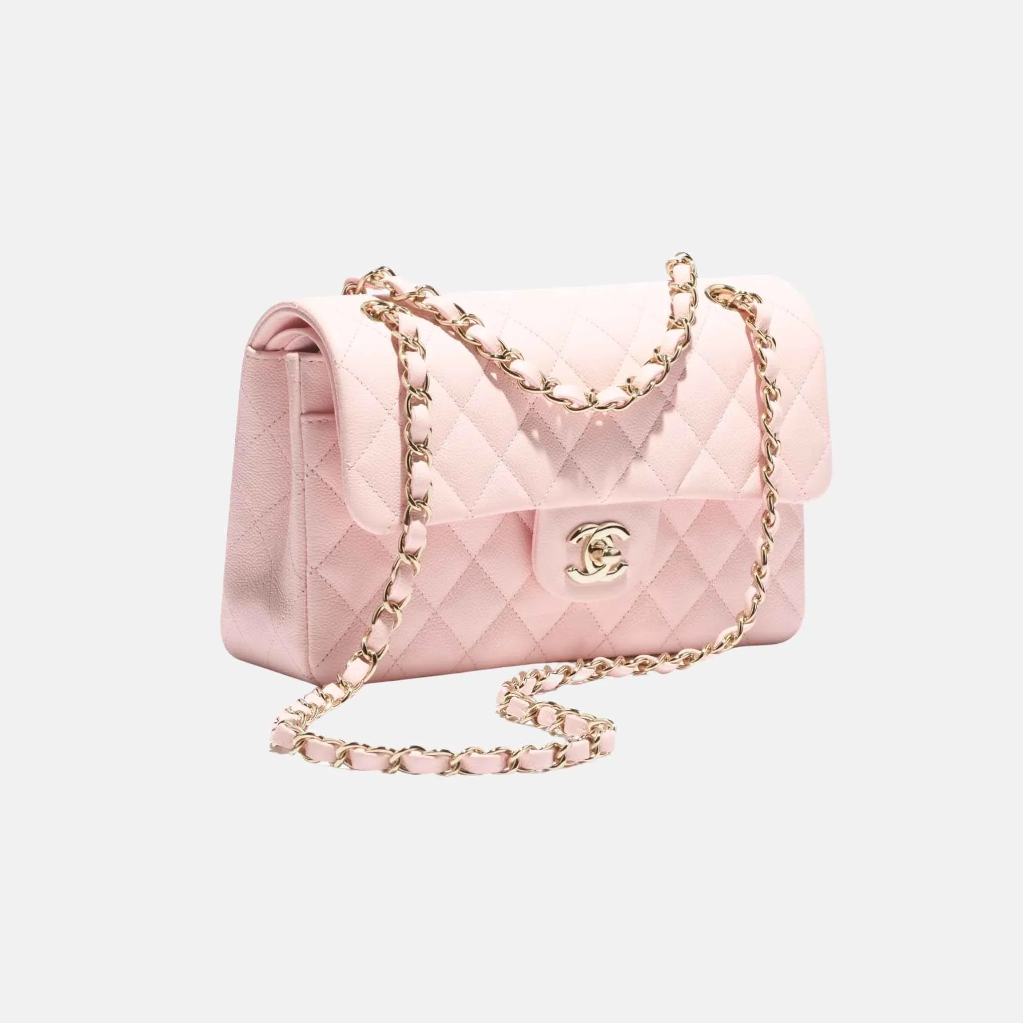 Small Classic Handbag Grained Shiny Calfskin in Gold Tone Metal