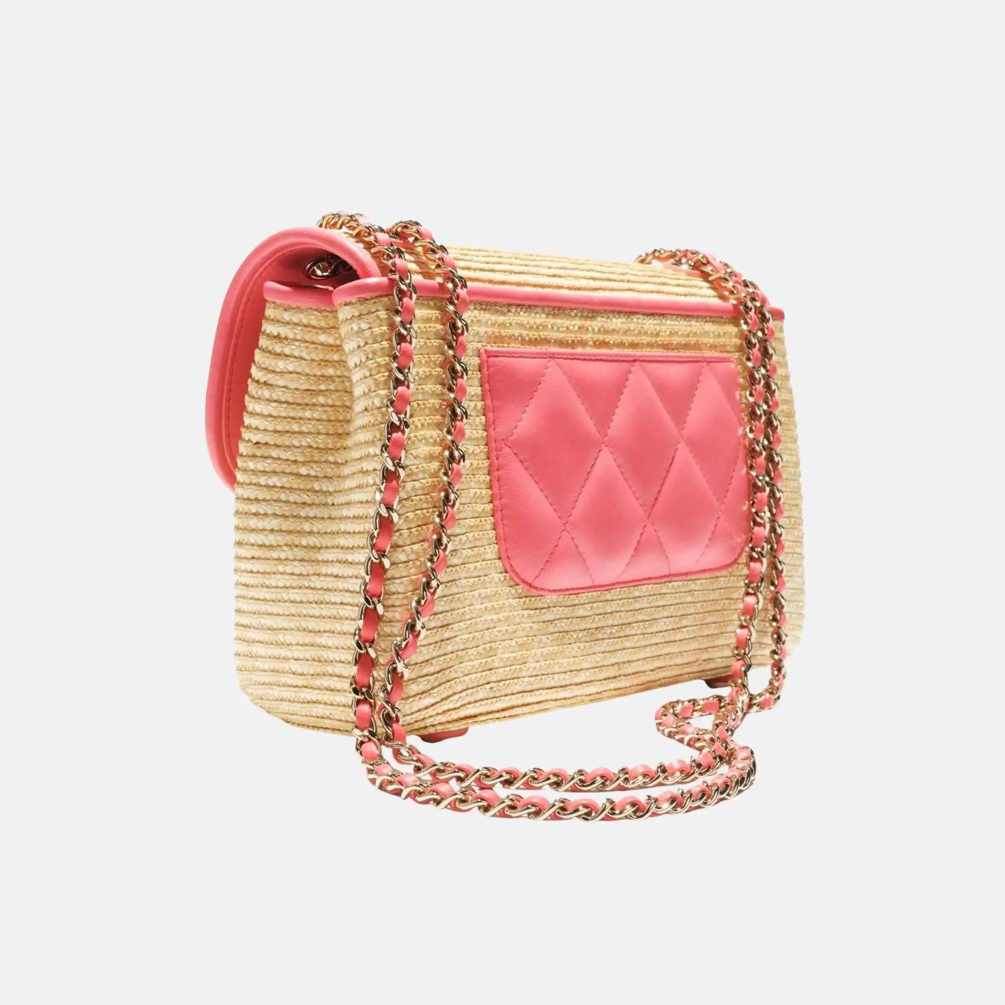Small Flap Bag Braided Straw Lambskin Gold Tone Metal