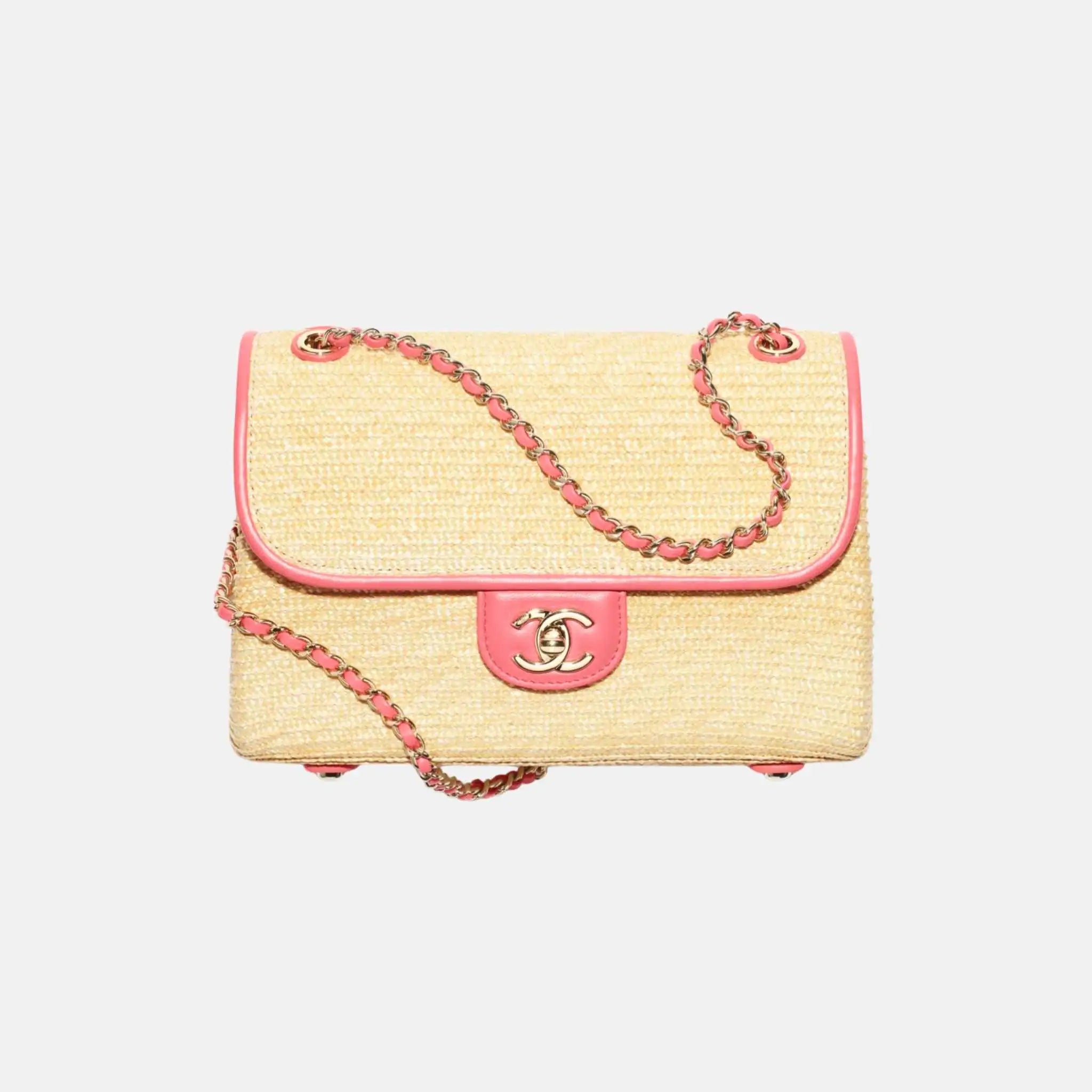 Small Flap Bag Braided Straw Lambskin Gold Tone Metal