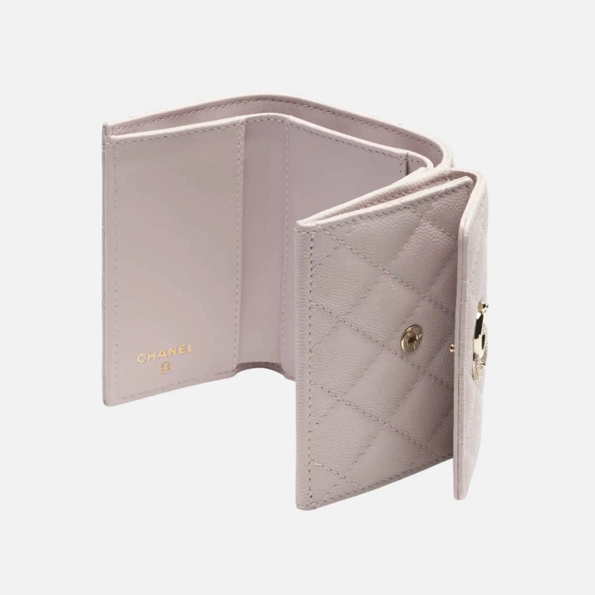 Small Flap Wallet Shiny Grained Calfskin Strass Gold Tone Metal