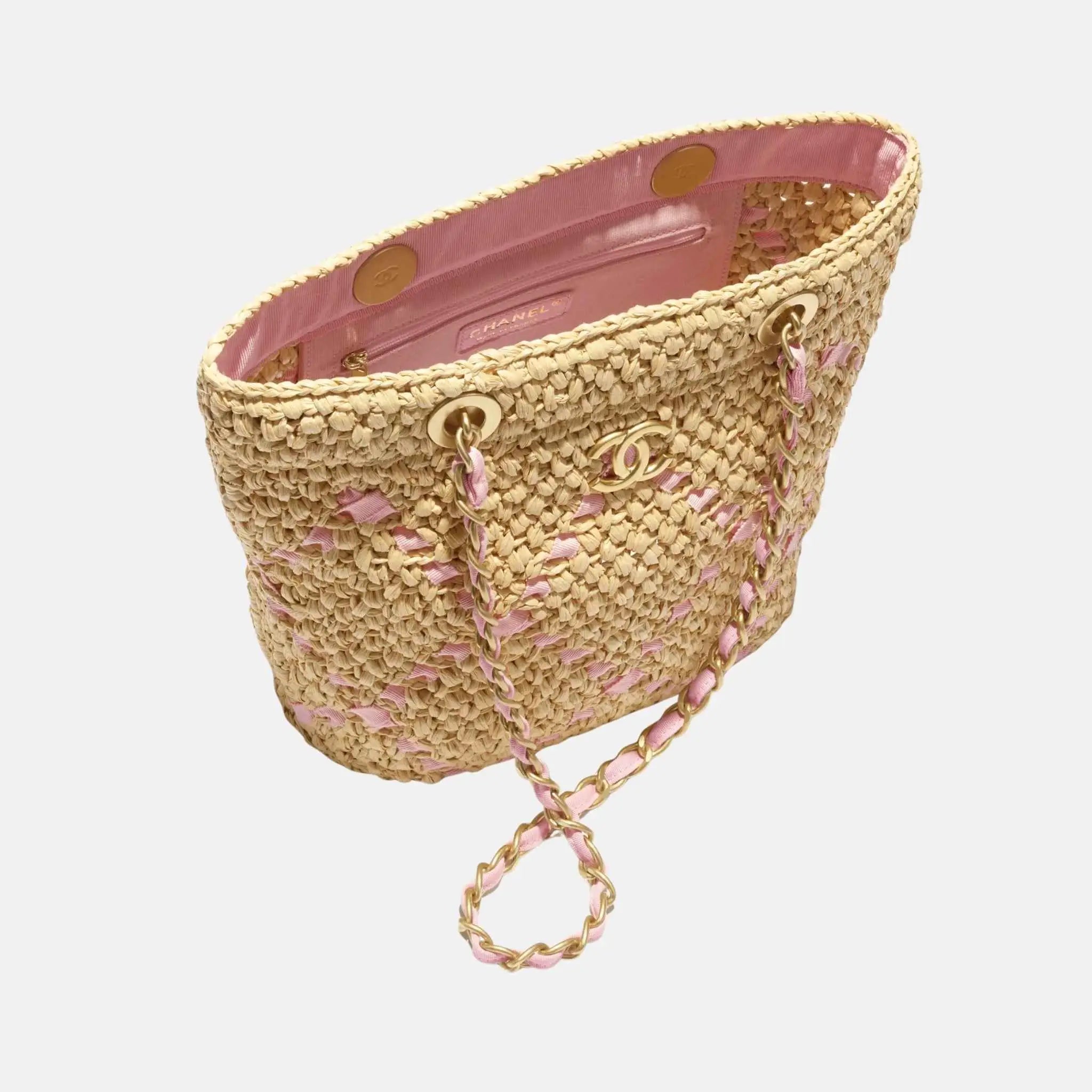 Small Tote Braided Raffia Cotton Grosgain Ribbon & gold tone metal