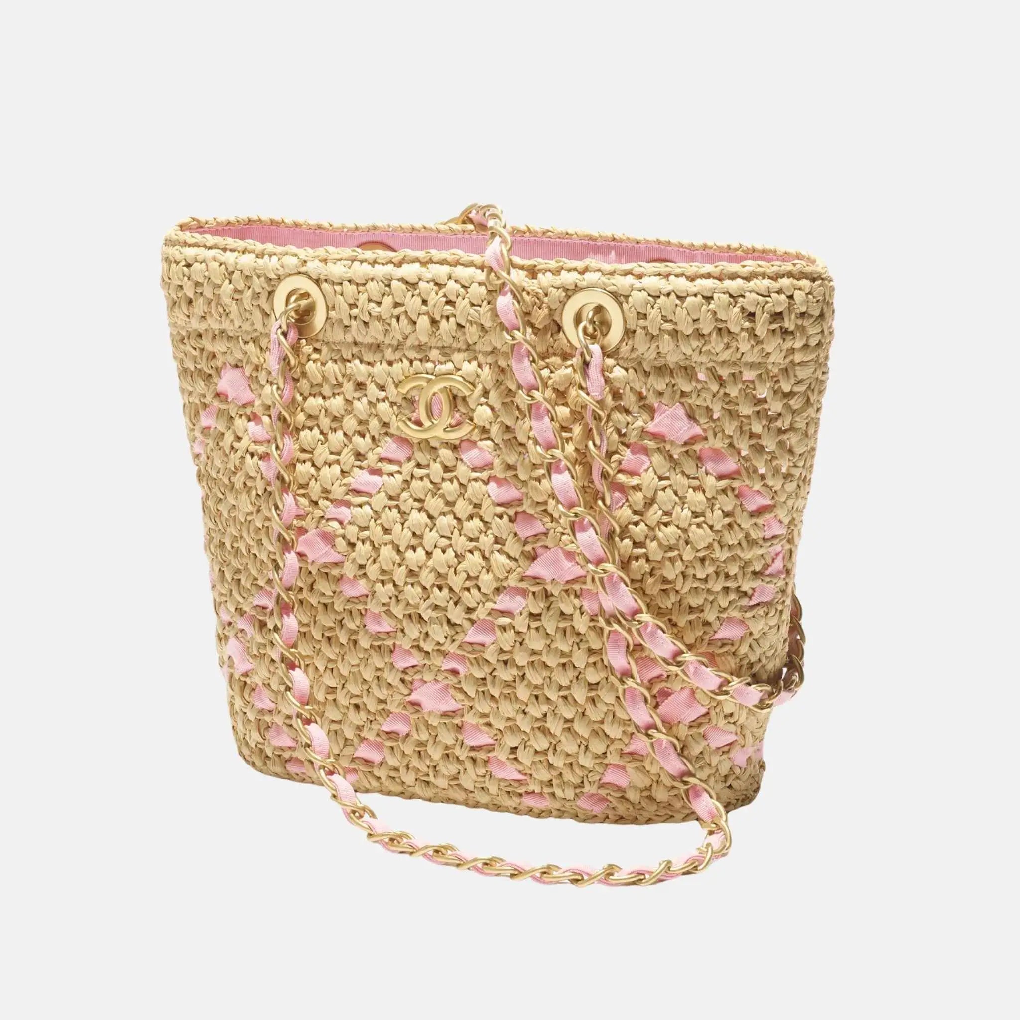 Small Tote Braided Raffia Cotton Grosgain Ribbon & gold tone metal, Light pink . Side 