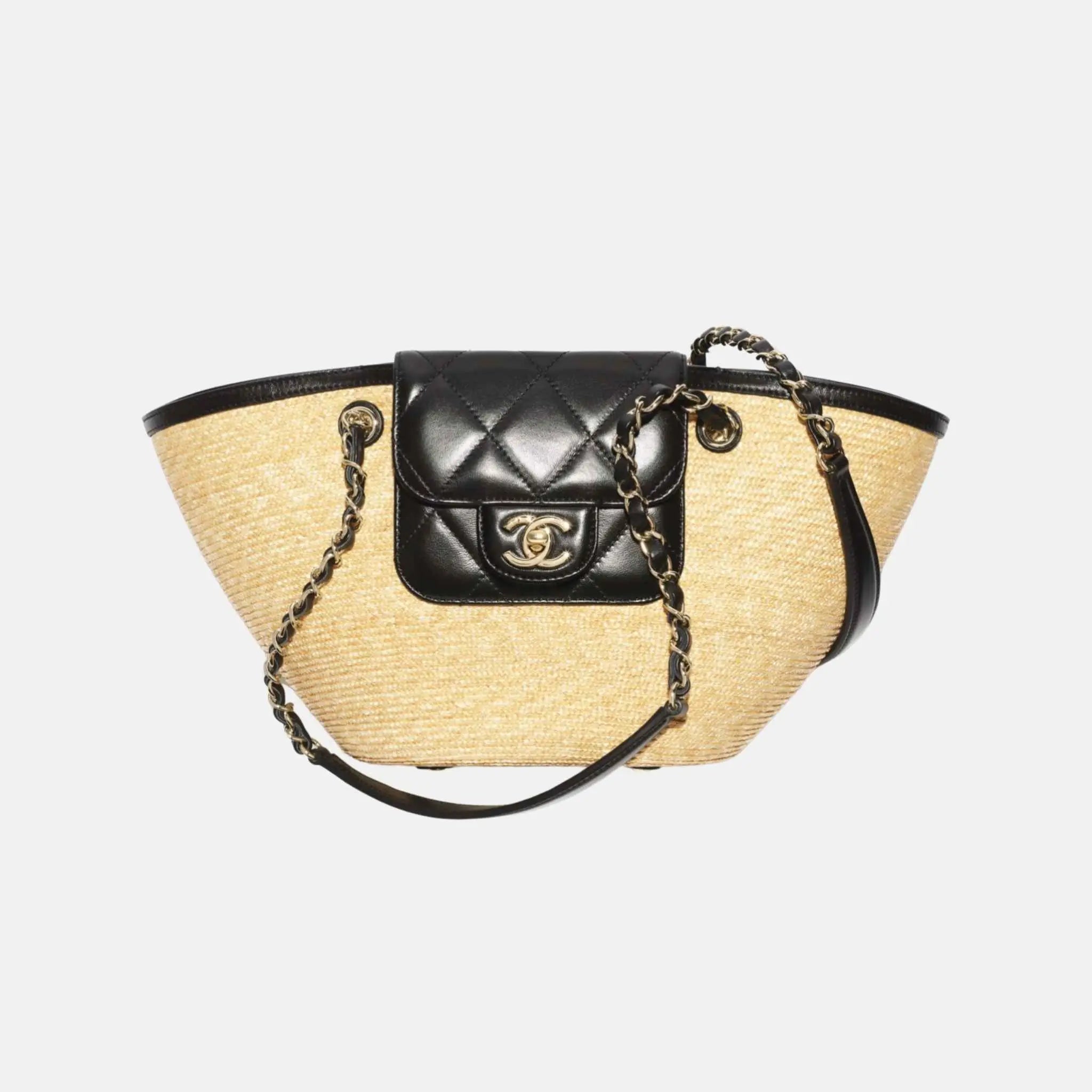 Chanel Small Tote Braided Straw Lambskin Gold Tone Metal, Front