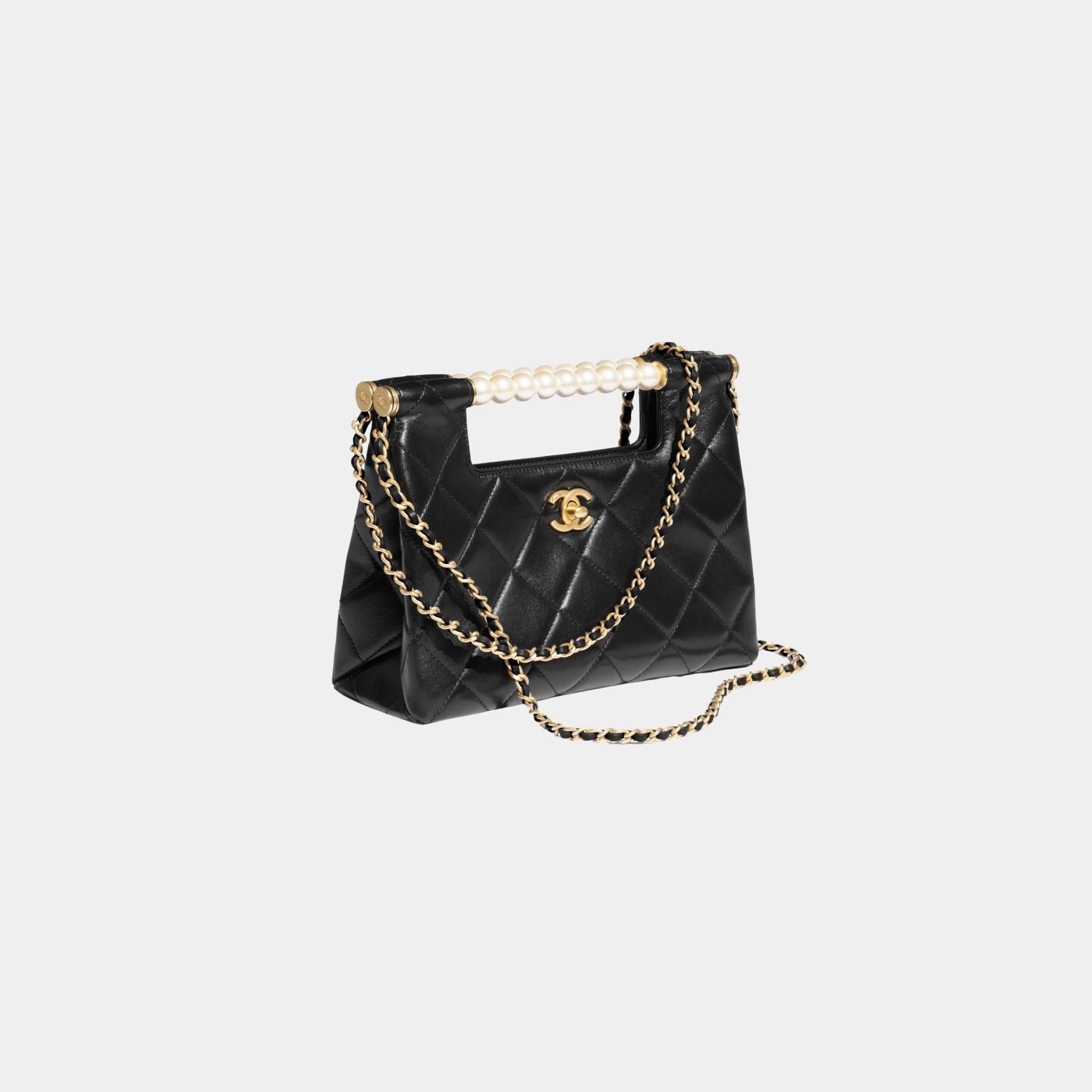 Small Tote Shiny Lambskin Pearls Gold-Tone Metal Black