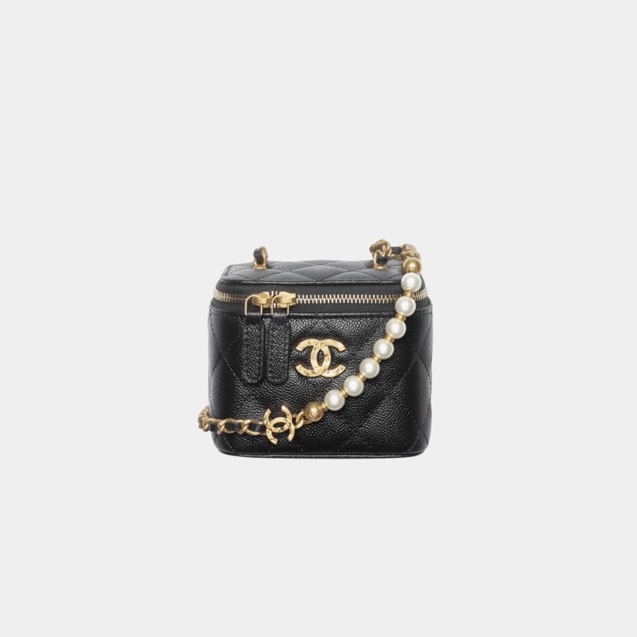 Chanel Small Vanity with Chain in Grained Calfskin and Imitation Pearl, Black