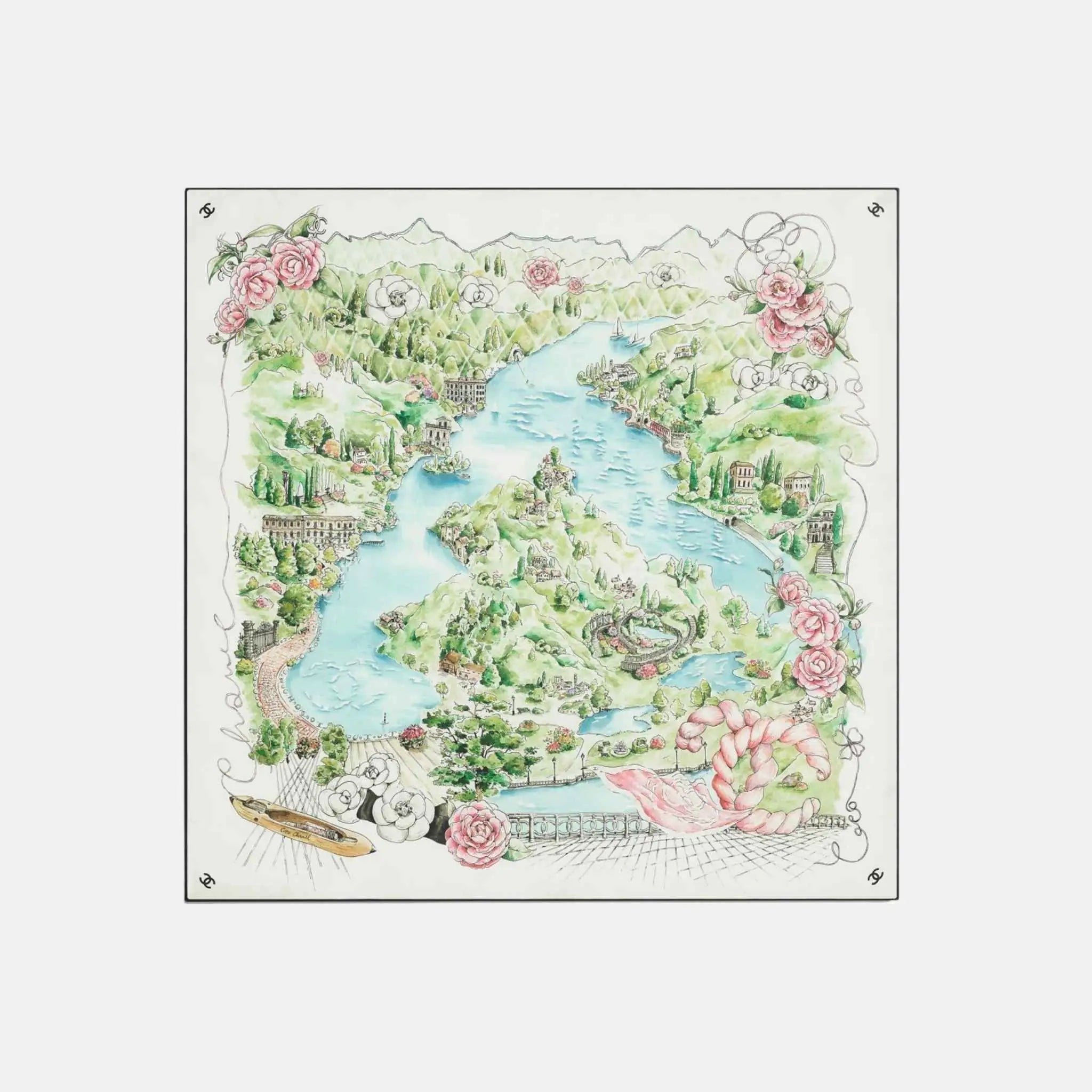 Square Scarf in Silk Twill White Multicolor and Black